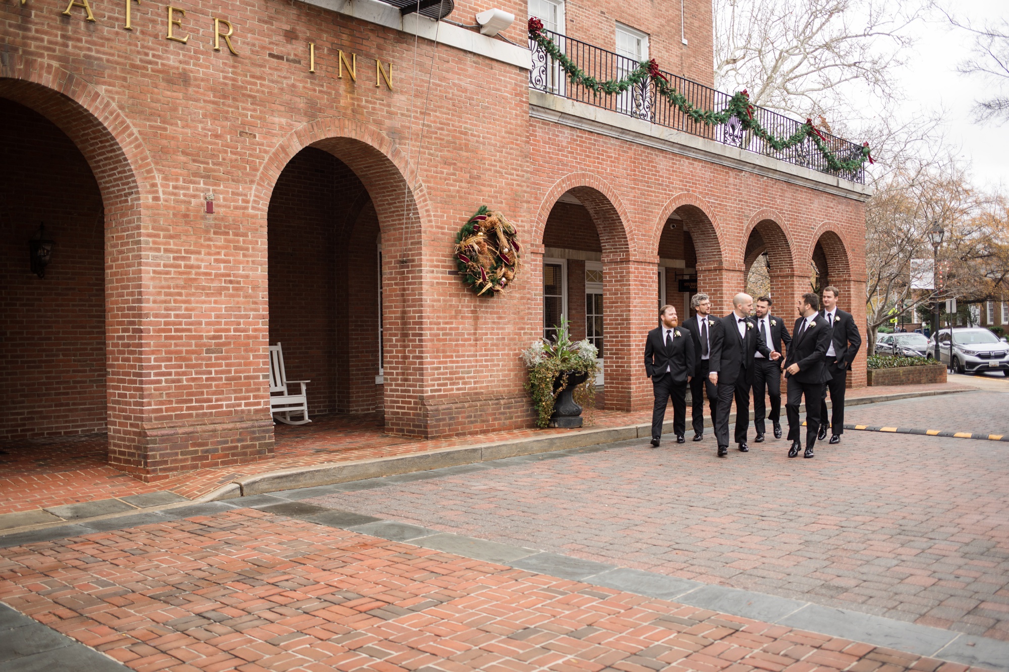 Winter Tidewater inn wedding groomsmen in Easton