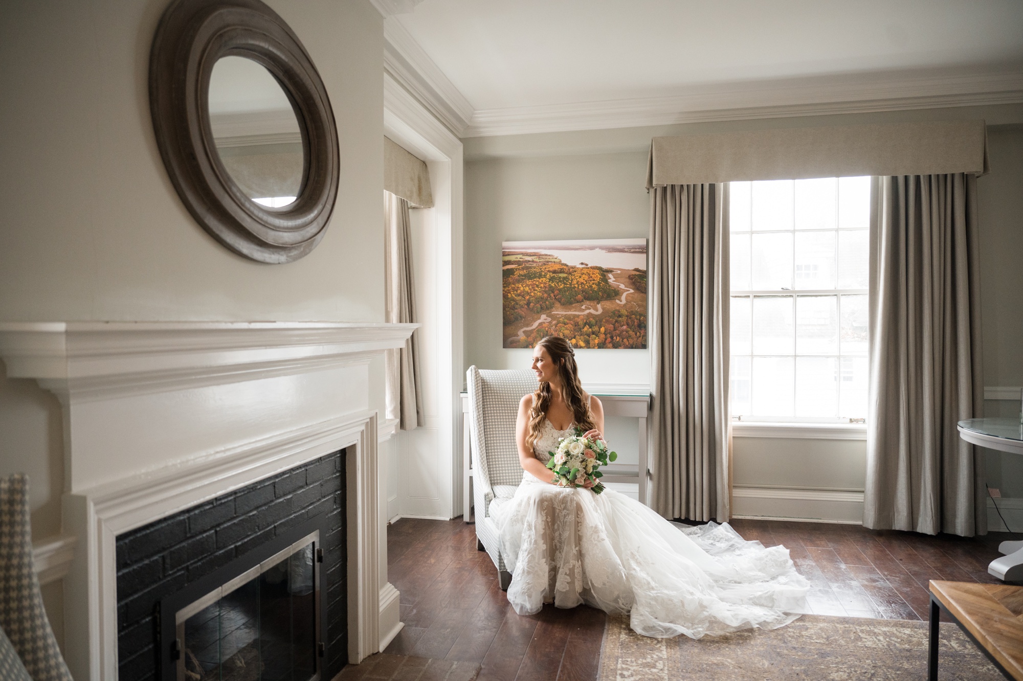 Winter Tidewater inn wedding bridal portrait in the suite