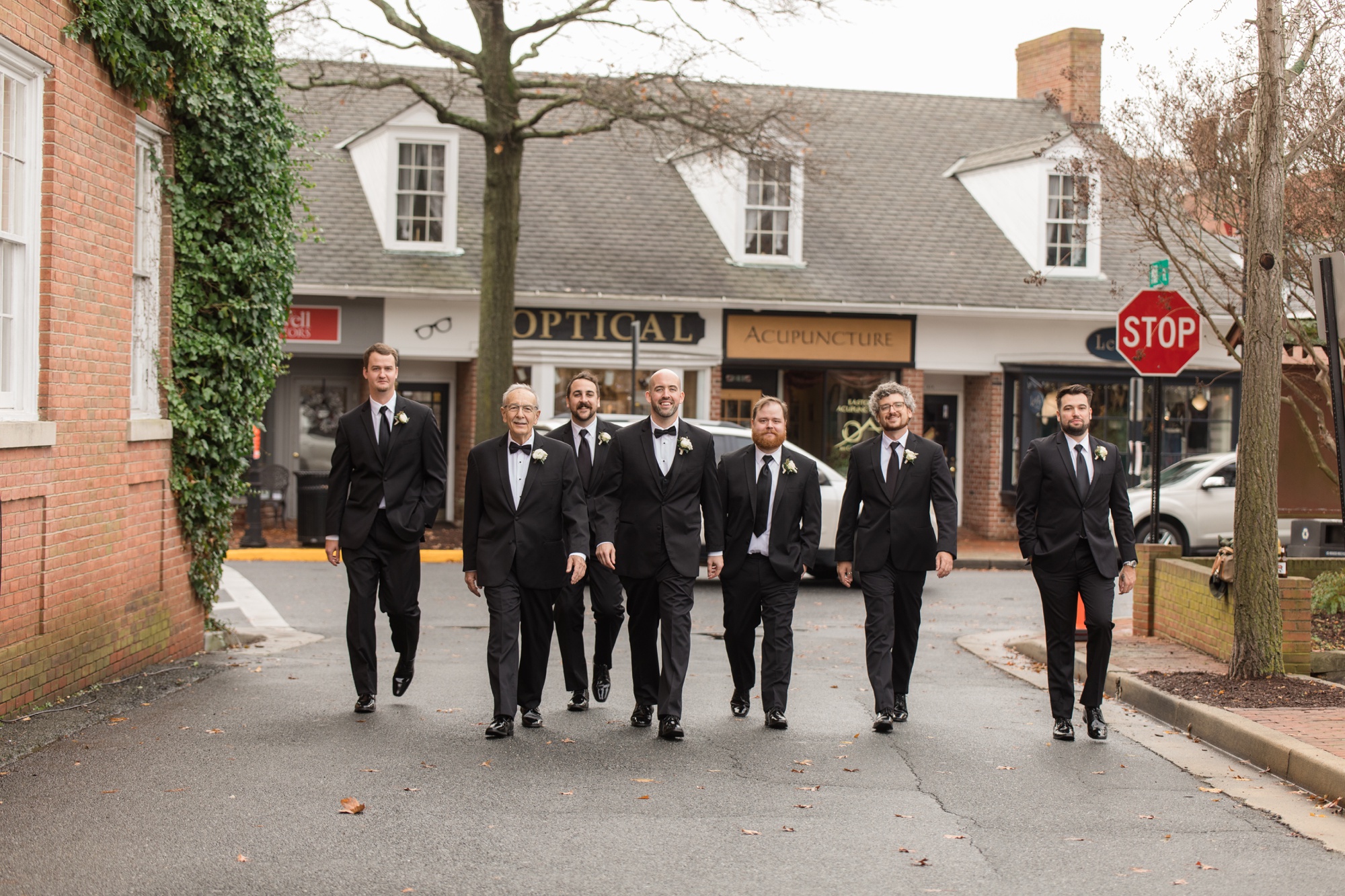 Winter Tidewater inn wedding groomsmen in Easton