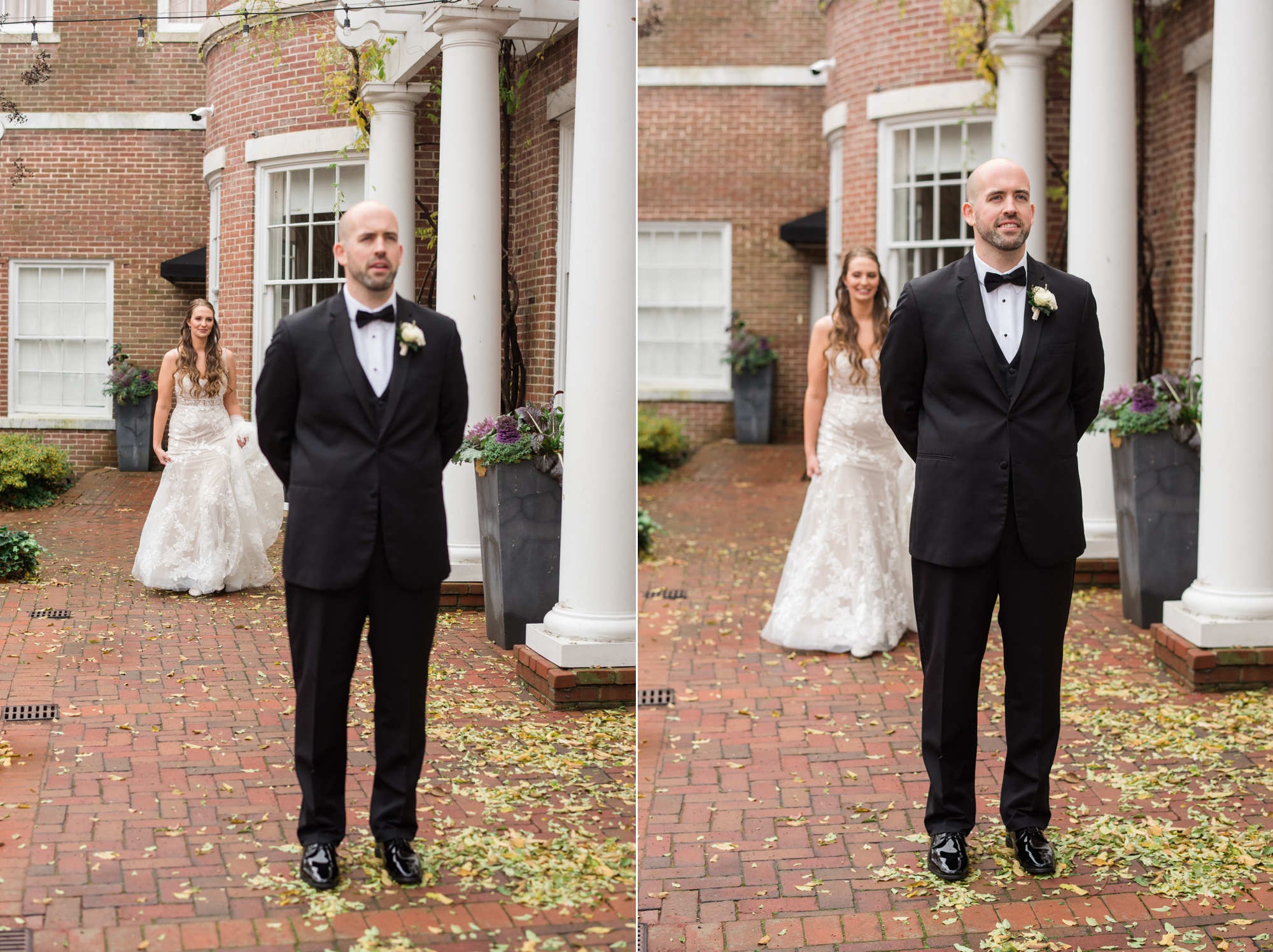 Winter Tidewater inn wedding first look with bride and groom in the courtyard