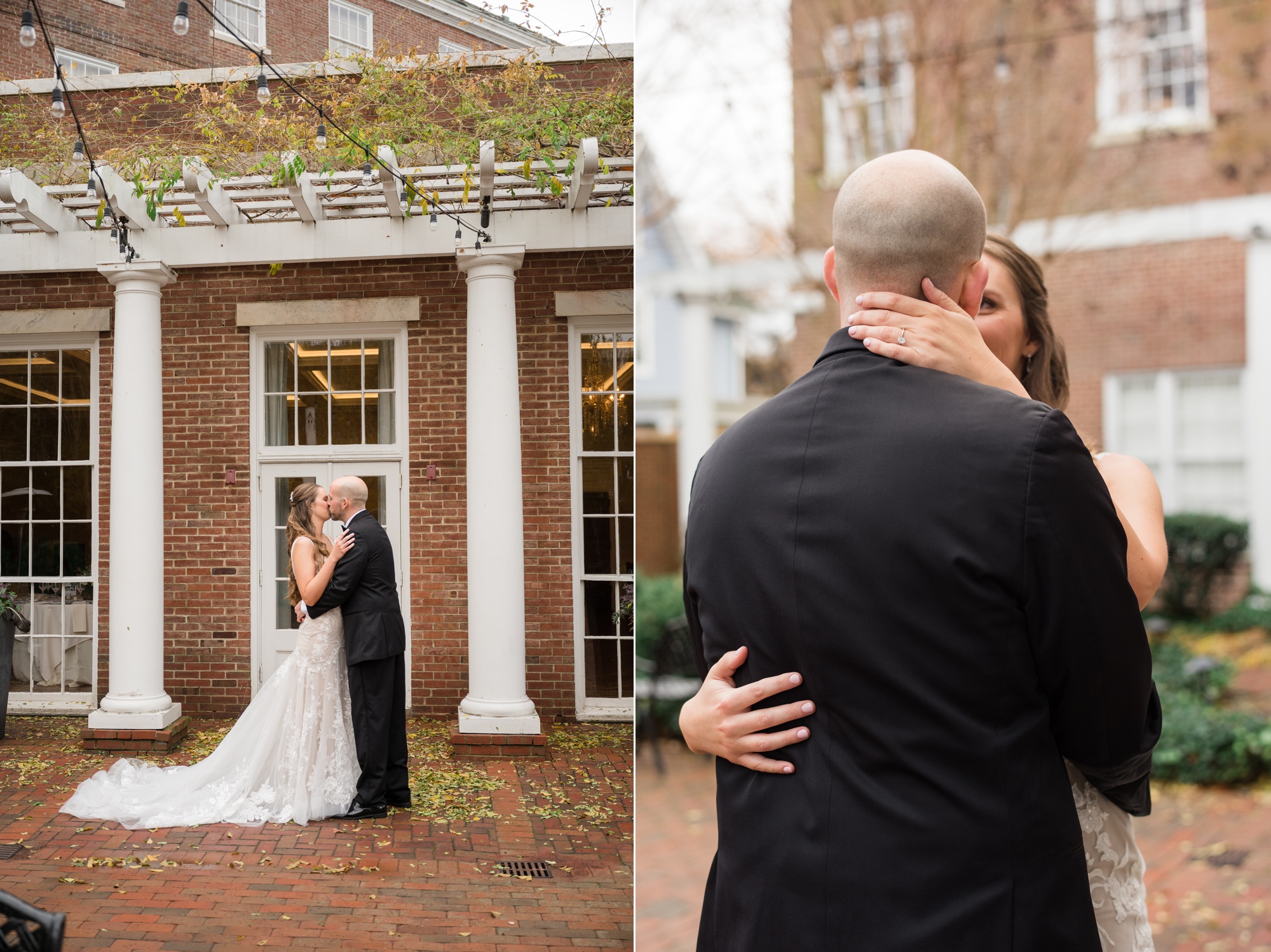 Winter Tidewater inn wedding first look with bride and groom in the courtyard