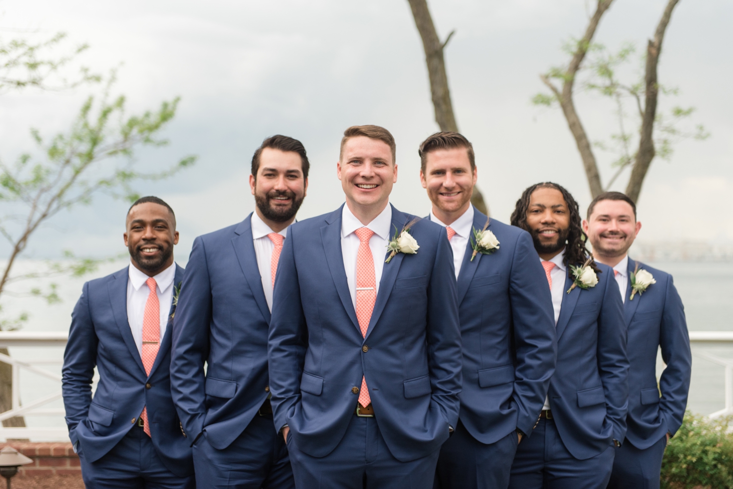 Wedding party in navy suits Chesapeake Bay Beach Club waterfront wedding