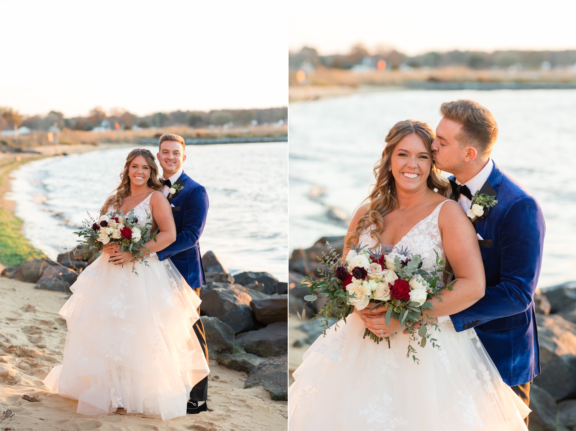 Chesapeake Bay Beach Club wedding couple photos at sunset beach