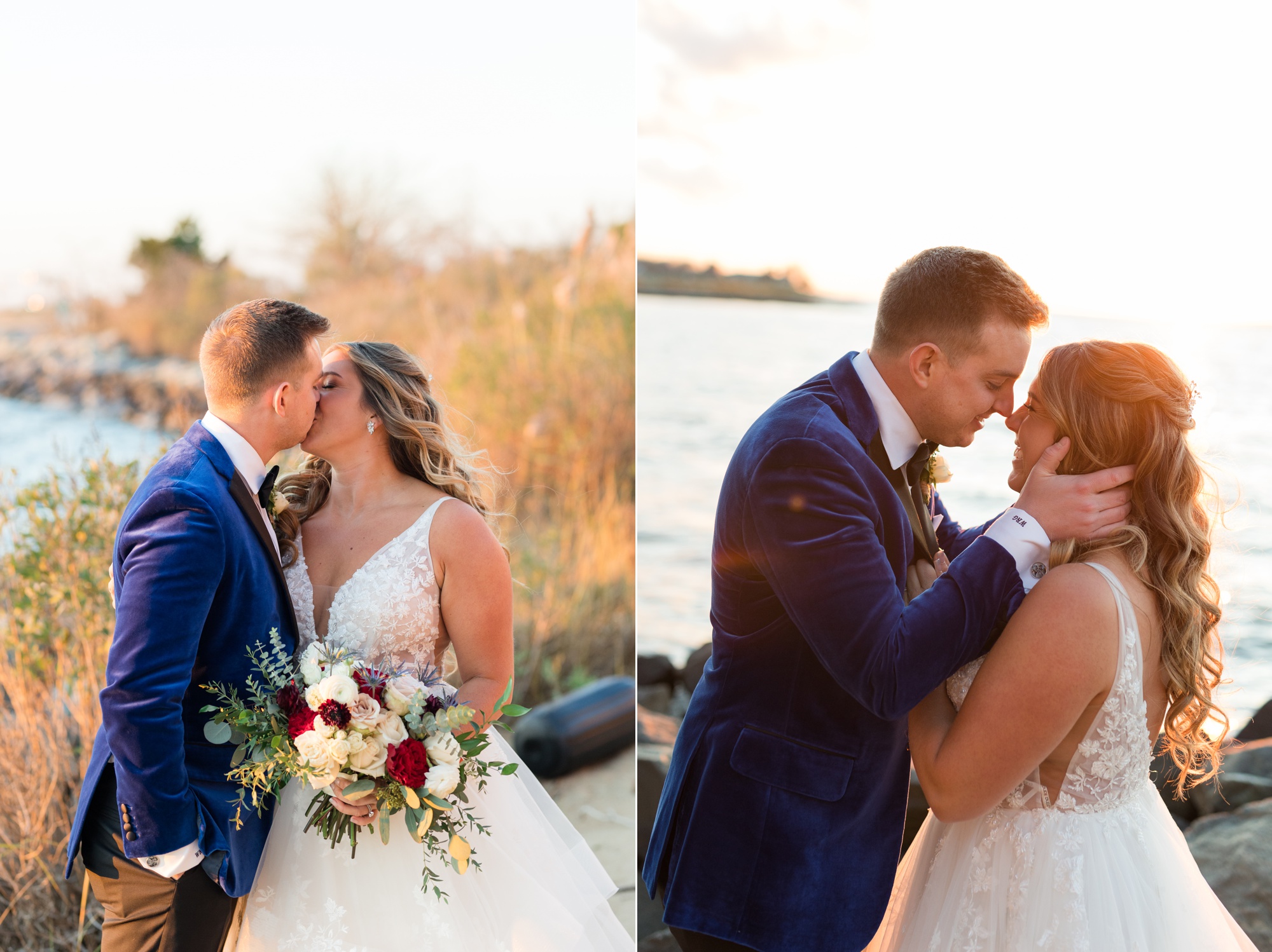 Chesapeake Bay Beach Club wedding couple photos at sunset beach