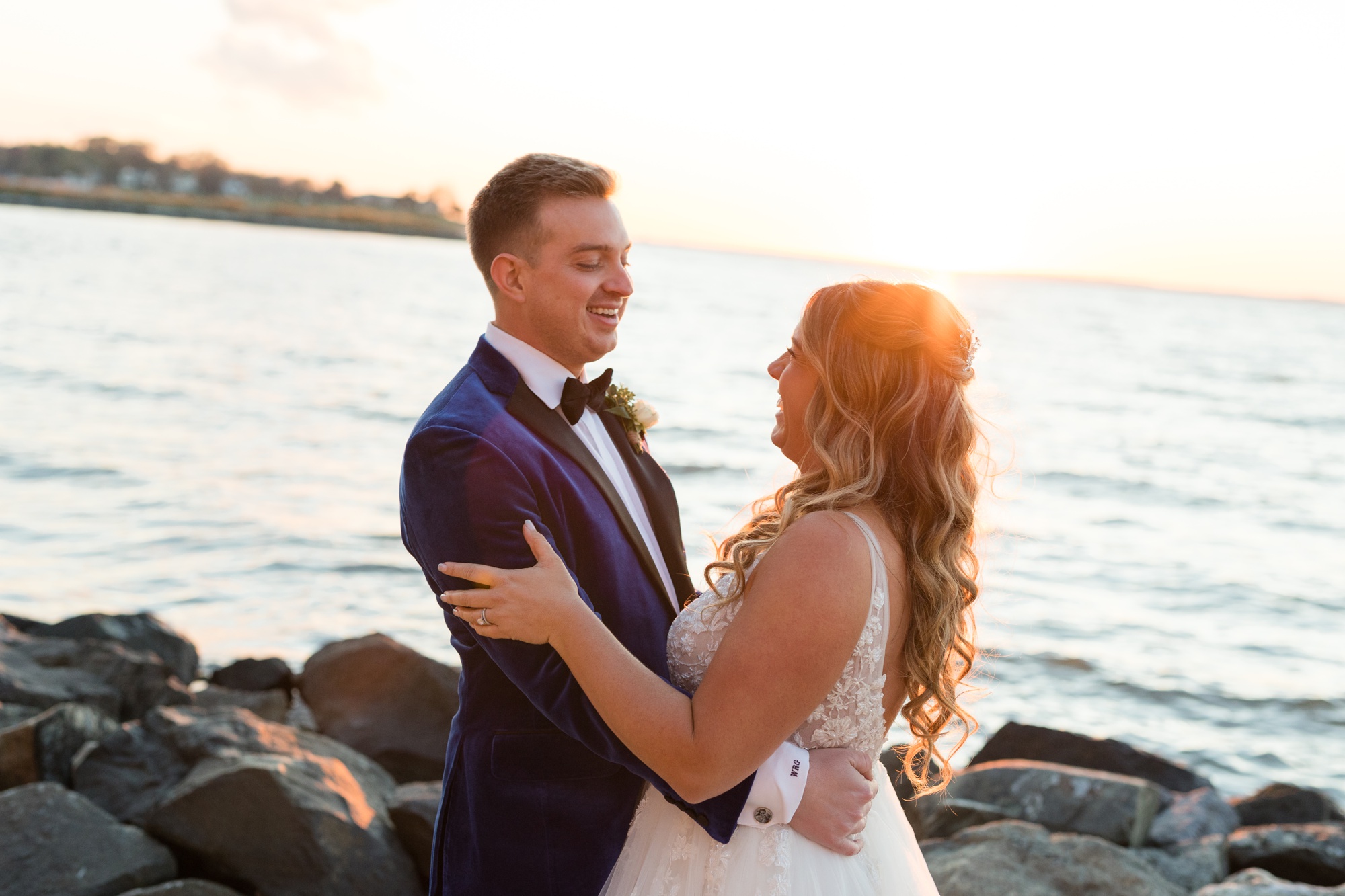 Chesapeake Bay Beach Club wedding couple photos at sunset beach