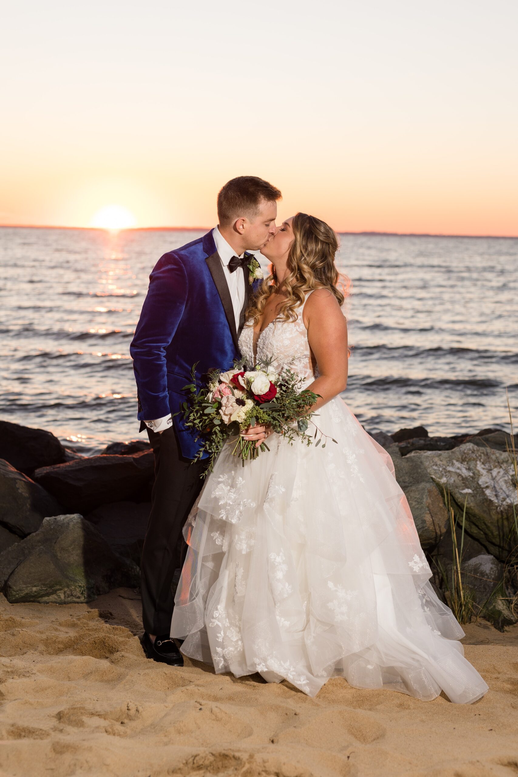 Chesapeake Bay Beach Club wedding couple photos at sunset beach