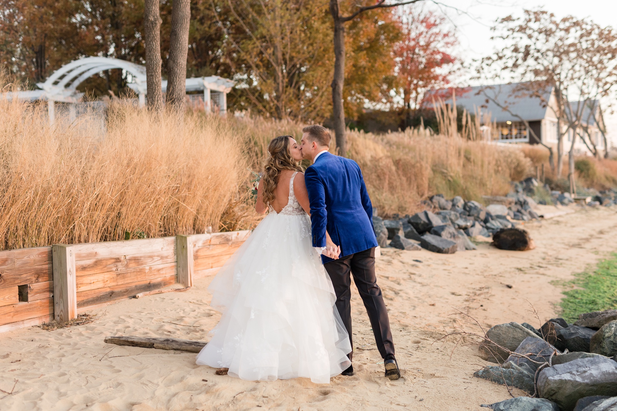 Chesapeake Bay Beach Club wedding couple photos at sunset beach