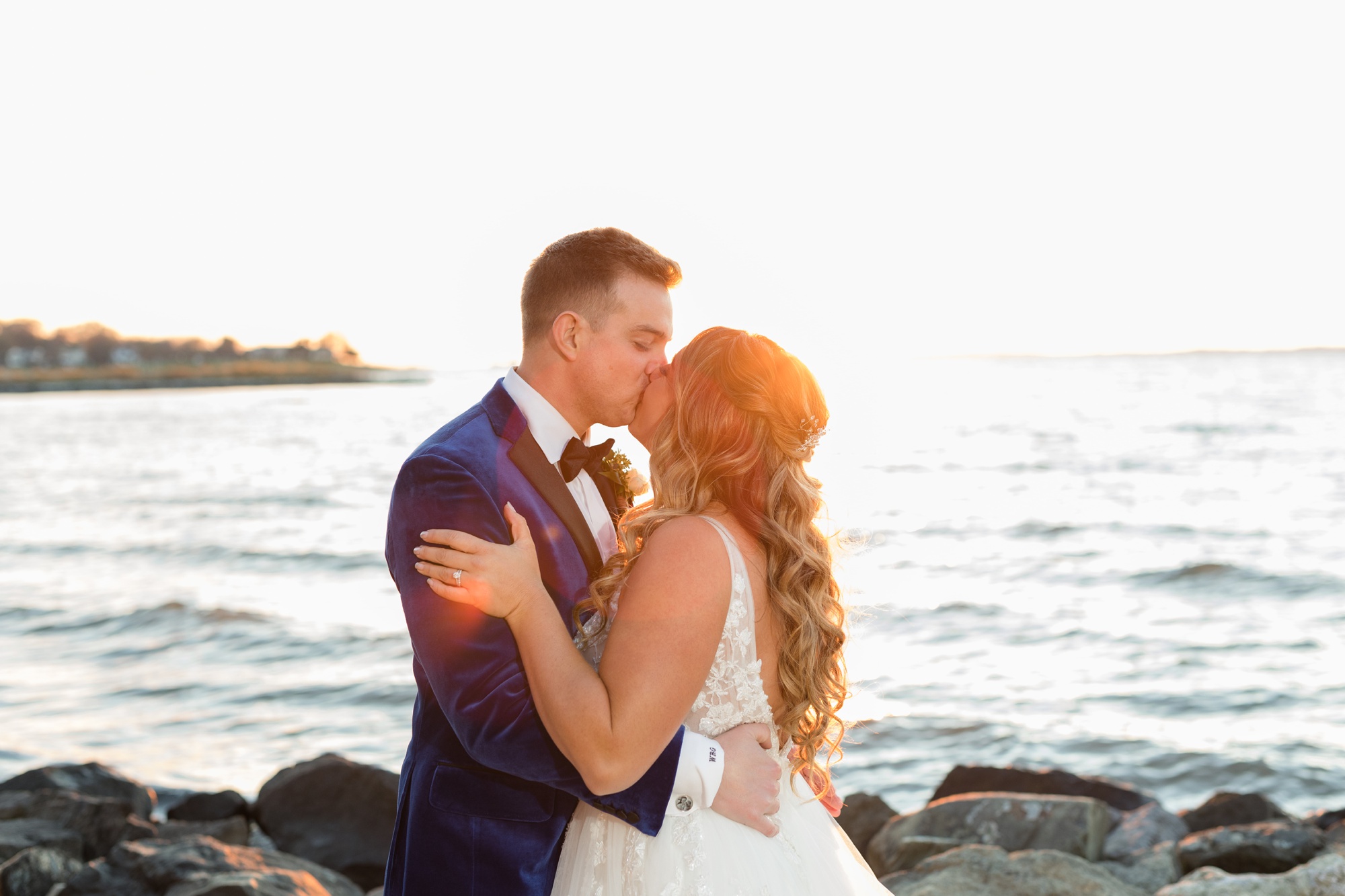 Chesapeake Bay Beach Club wedding couple photos at sunset beach