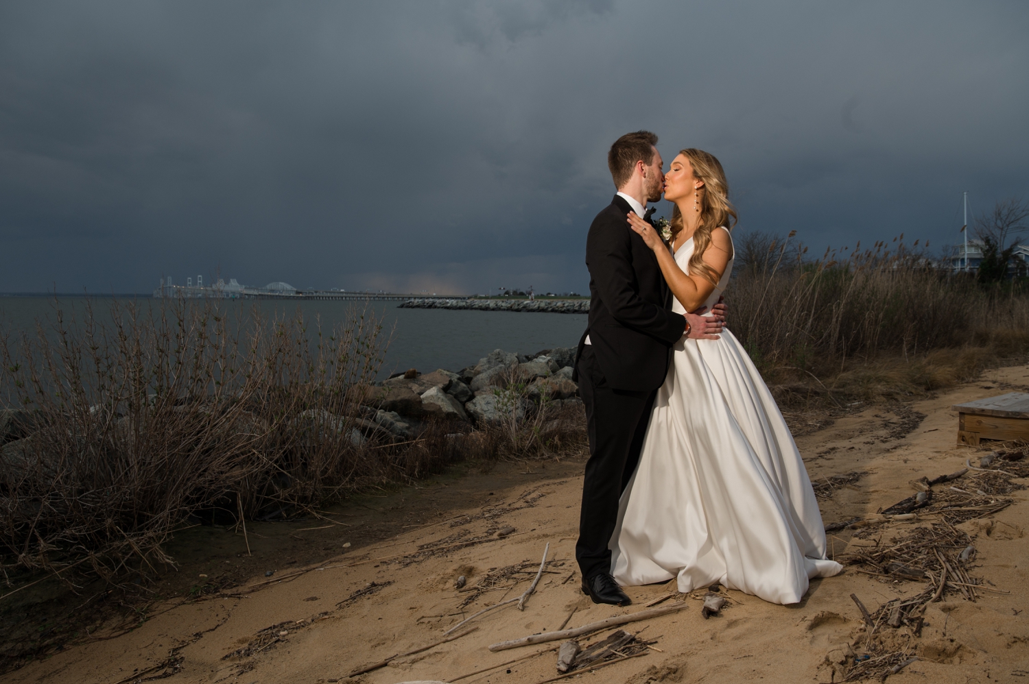 stormy sunset bay bridge wedding couple photo