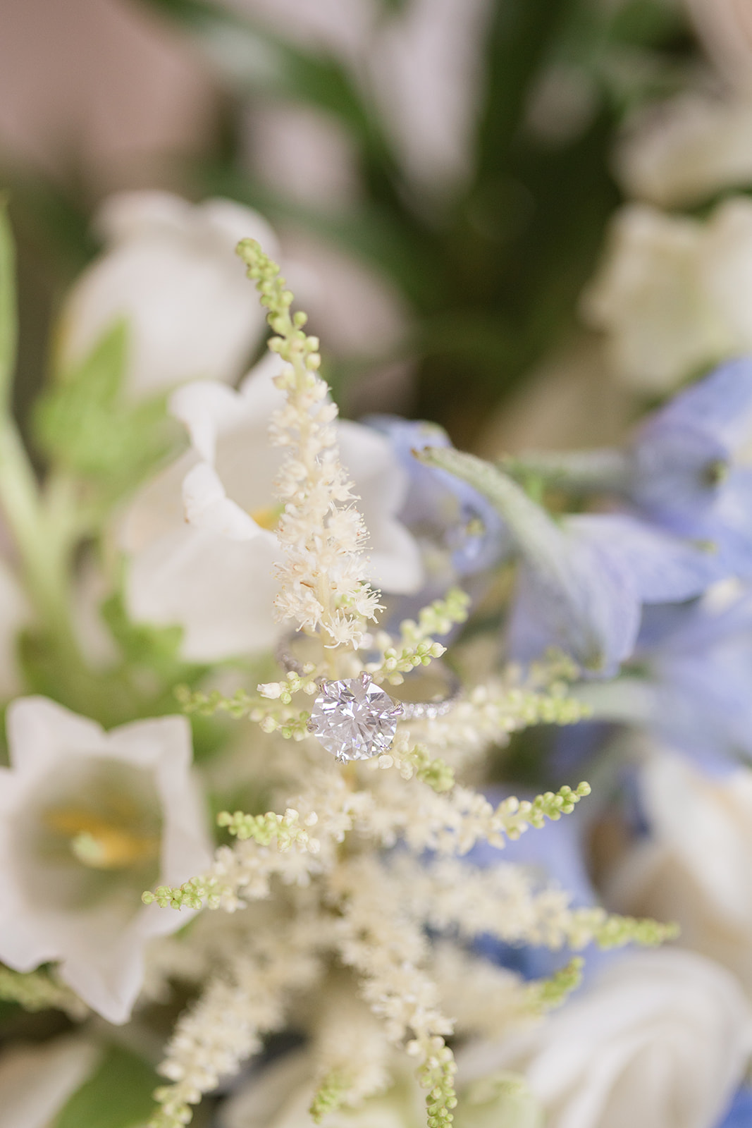 Close up shot of bridal bouquet with white and blue flowers