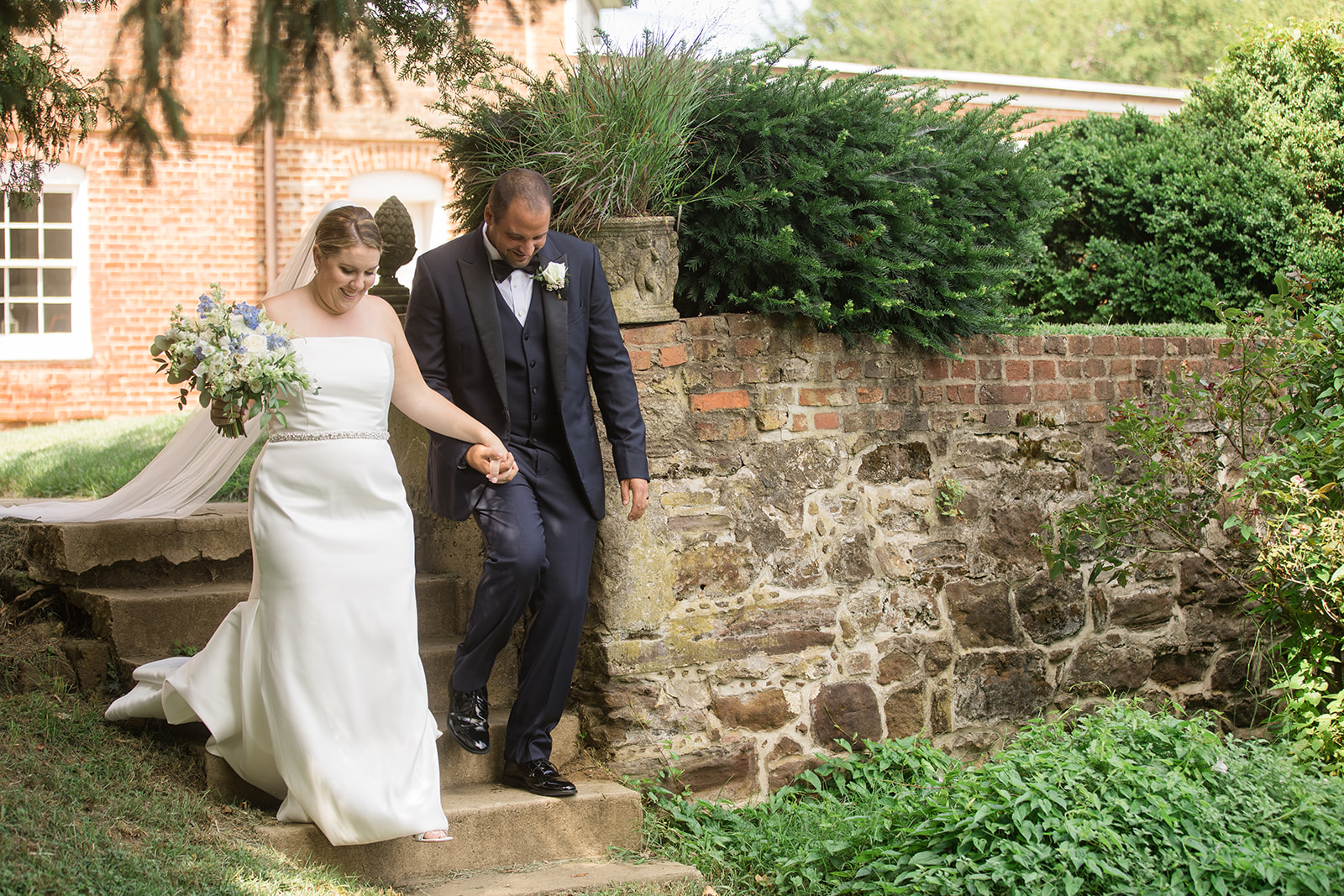 bride and groom portrait in garden