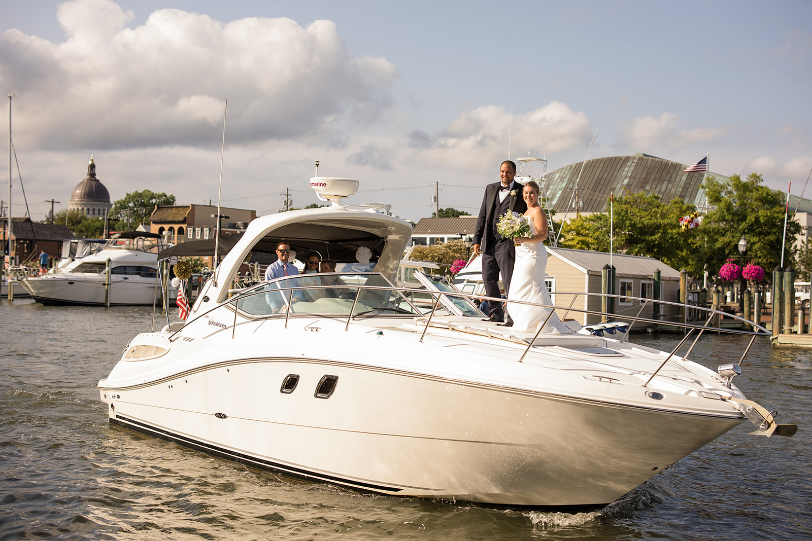 bride and groom on boat