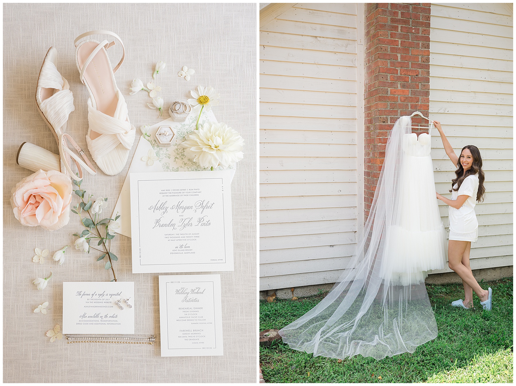 the left photo shows a flat lay of bridal details with wedding invitation, the right photo shows bride reaching for the hanger that her dress is on