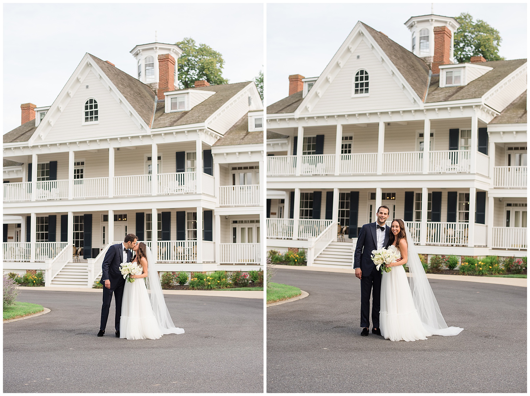 bride and groom portraits post ceremony in front of kent island resort