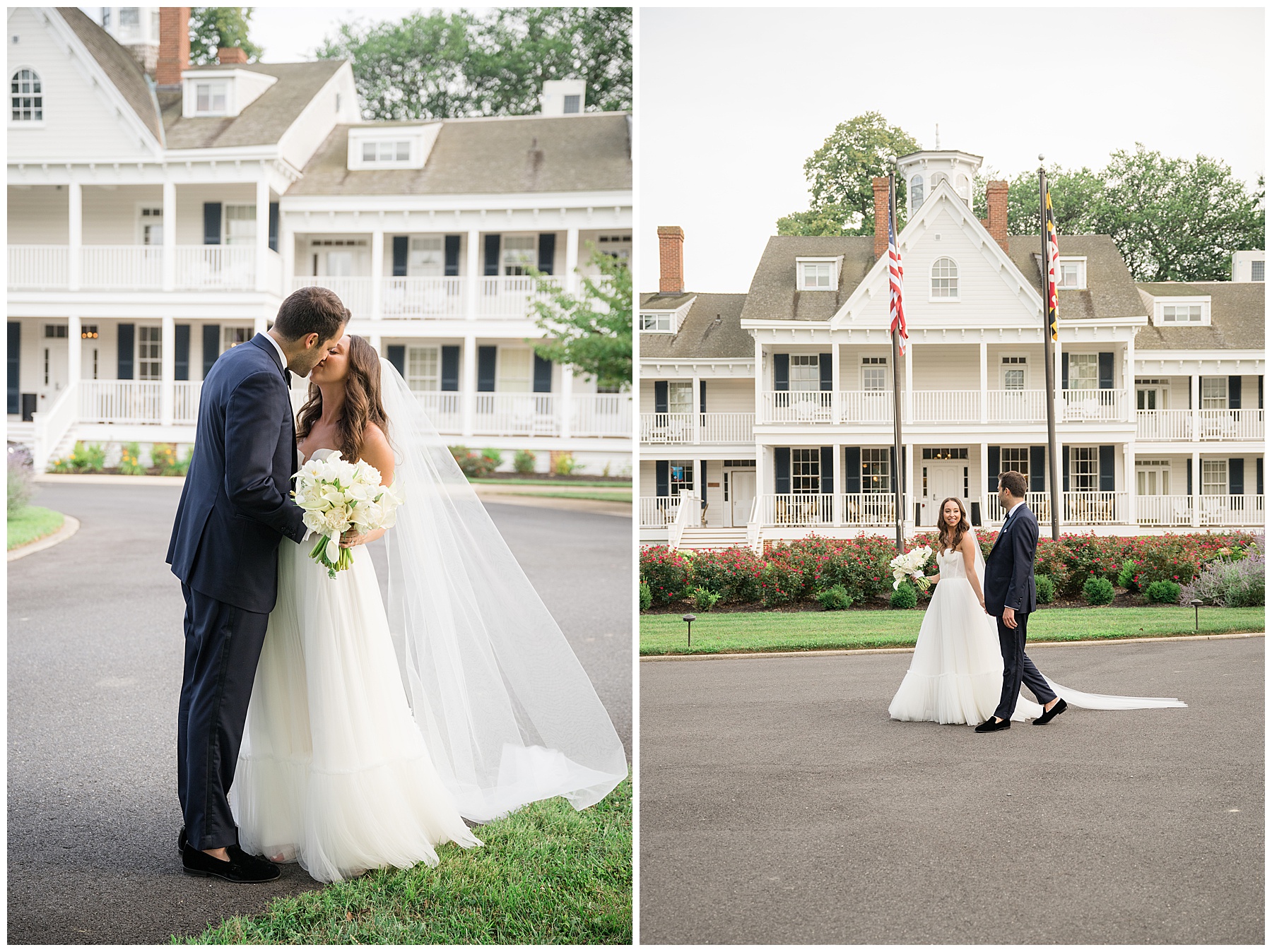 bride and groom portraits post ceremony in front of kent island resort