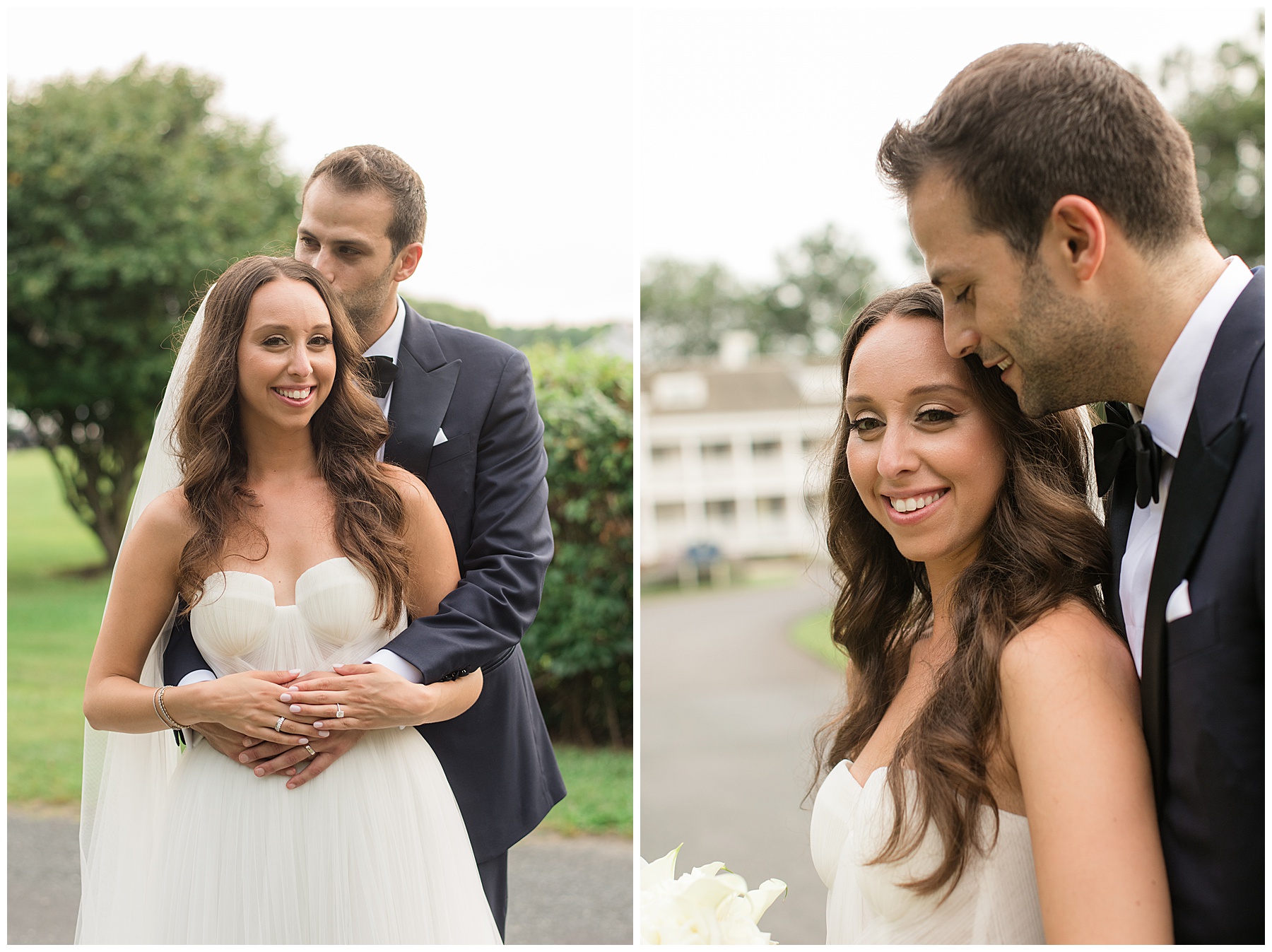 bride and groom portraits post ceremony in front of kent island resort