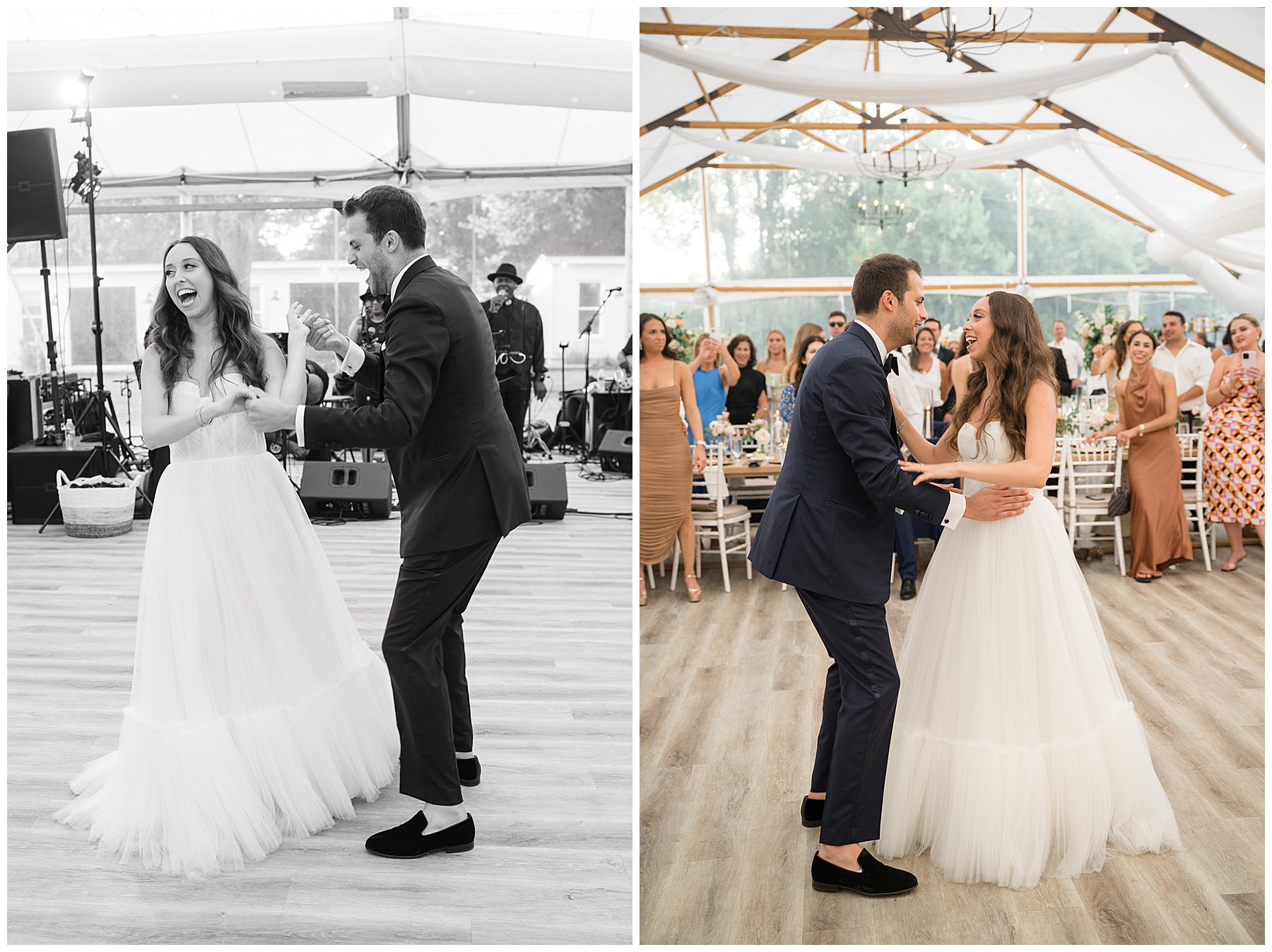 bride and groom first dance tented reception