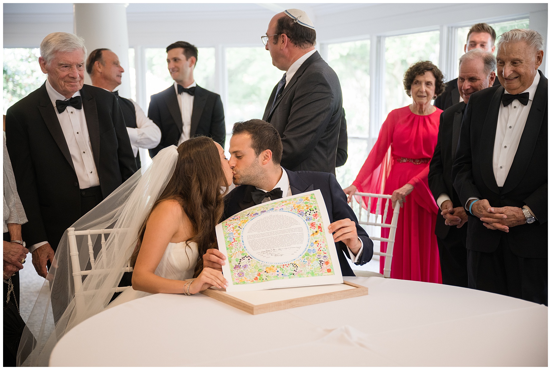 bride and groom sign ketubah