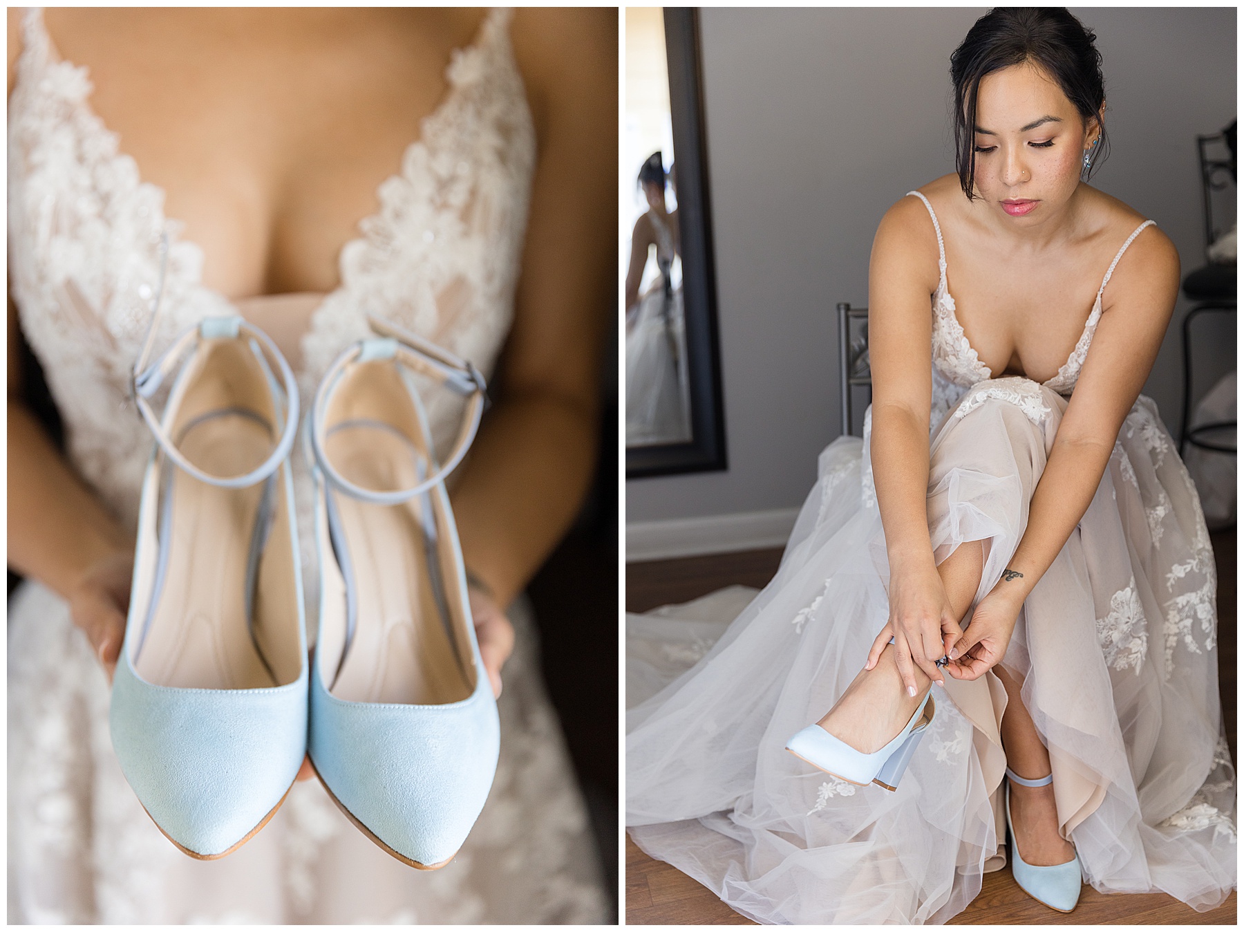 bride putting on blue shoes