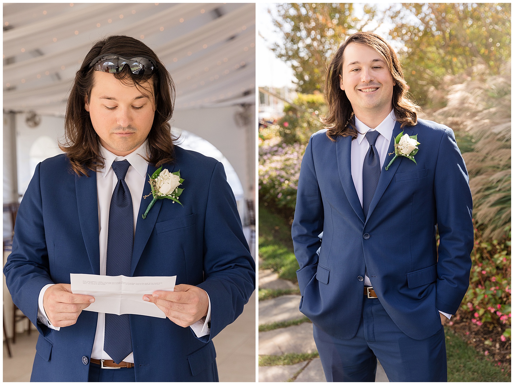 groom getting ready reading letter