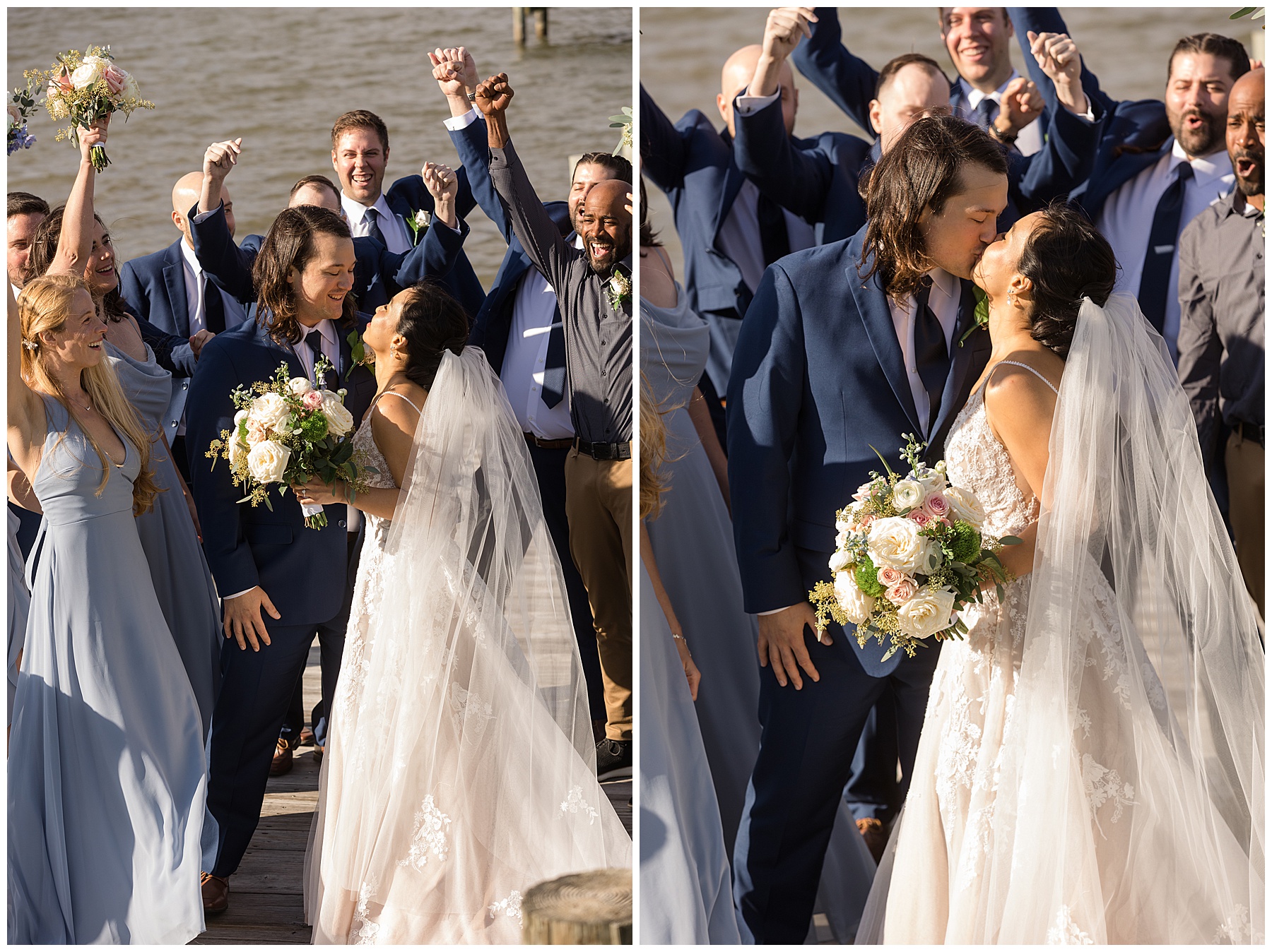 full wedding party on pier