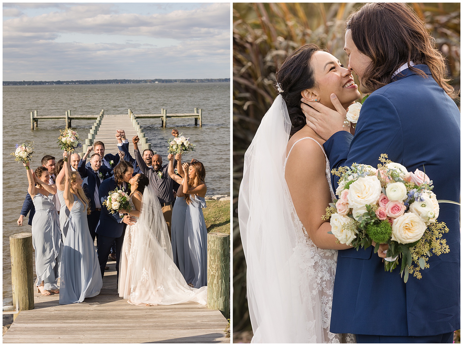 full wedding party on pier