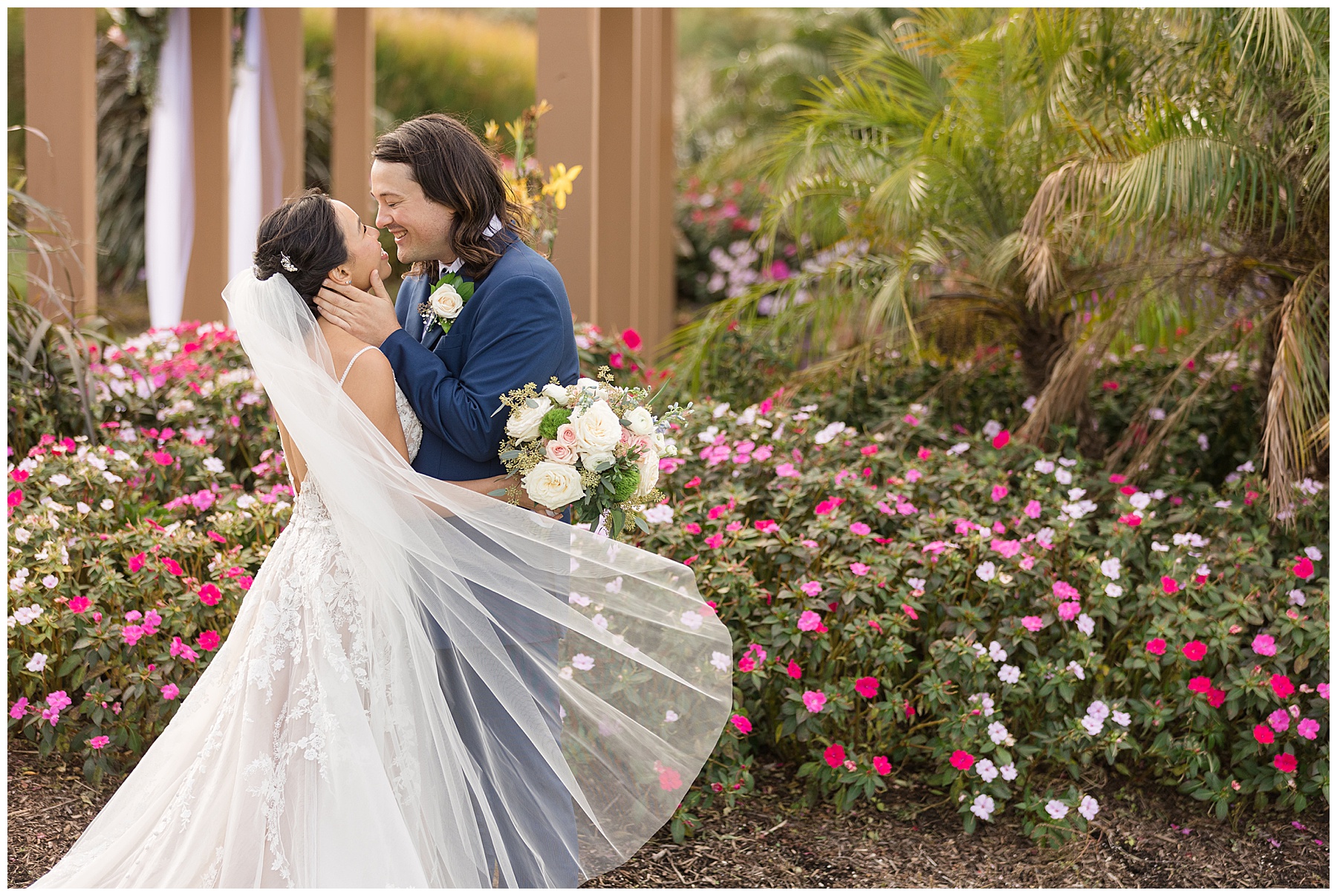 bride and groom smiling at herrington on the bay