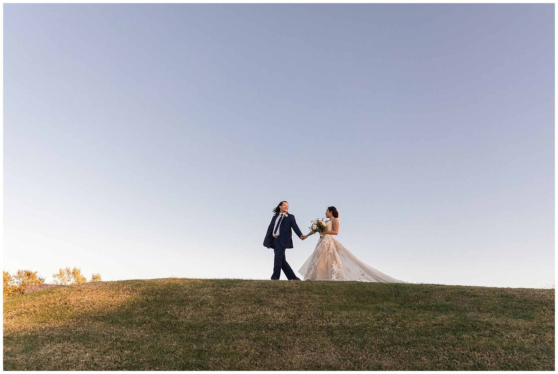 bride and groom sunset portrait