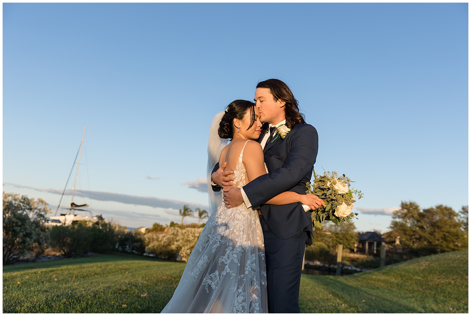 bride and groom sunset portrait