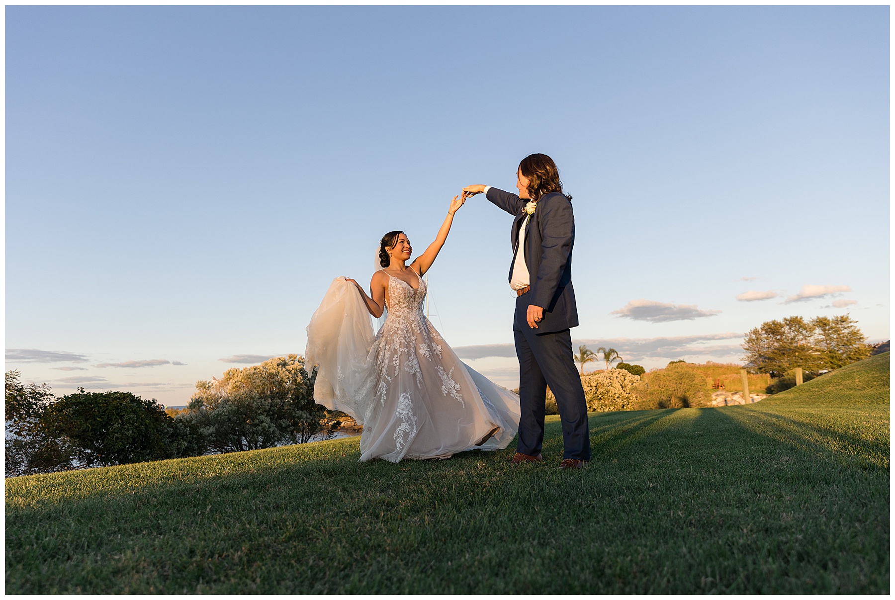 bride and groom sunset portrait