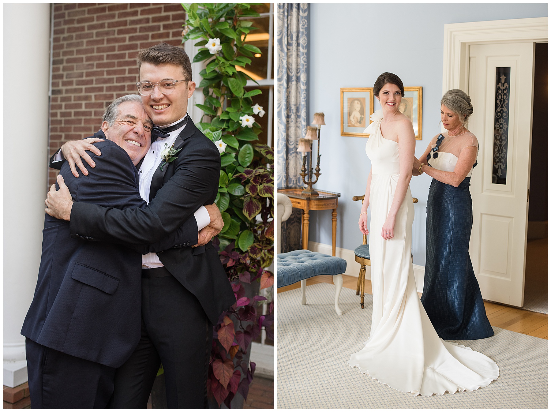 bride's mom helping her get dressed, groom hugging his dad