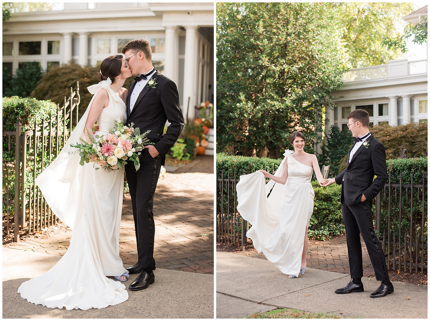 bride and groom portrait fluffing dress