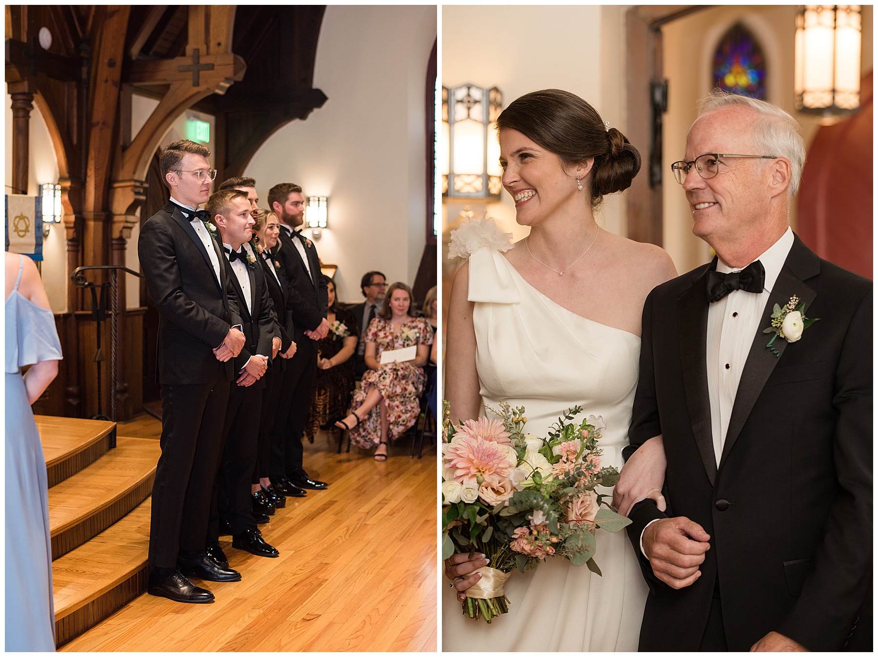 groom waiting for bride, bride walking down aisle with dad