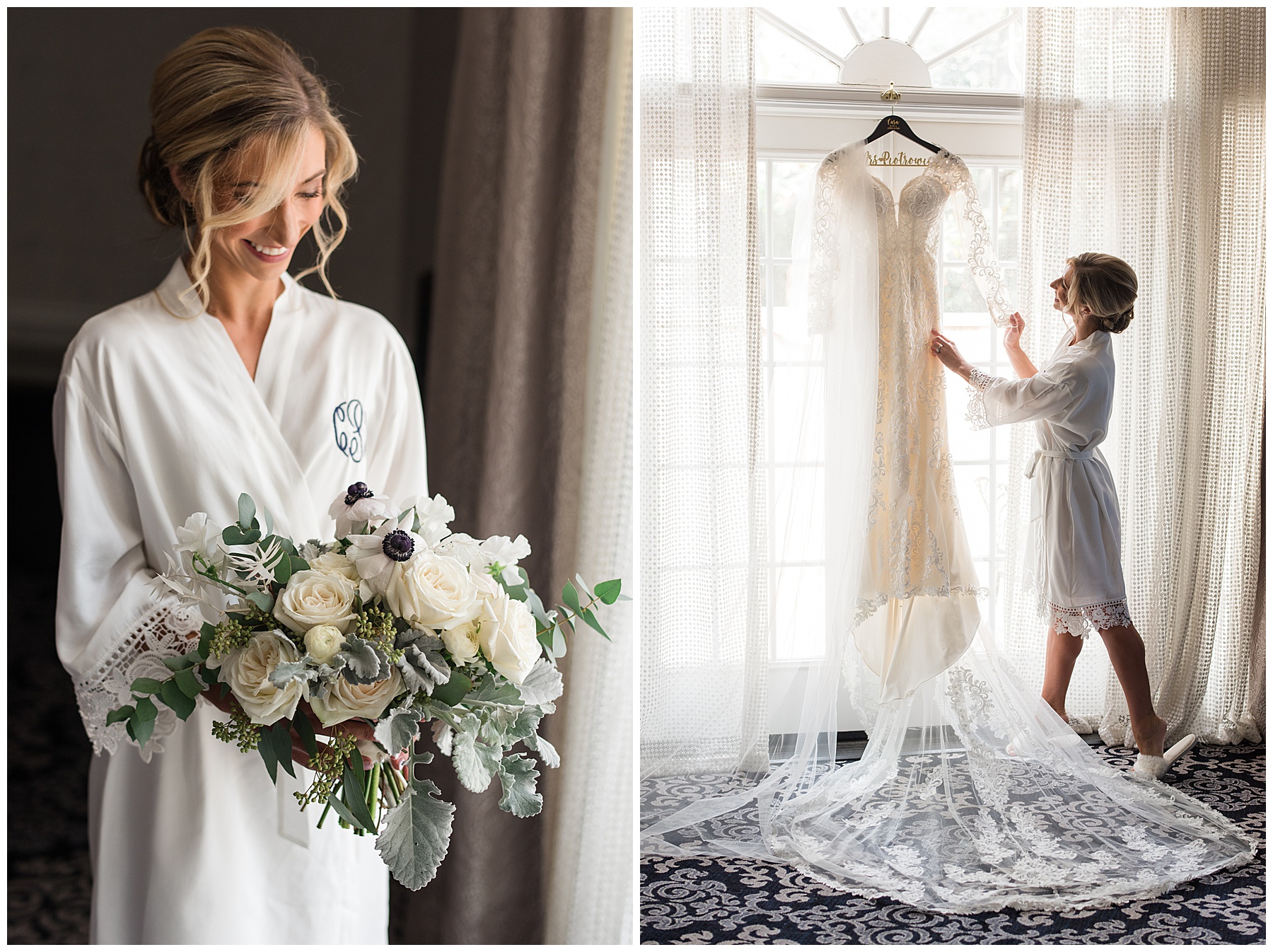 bride in robe with bouquet hanging dress