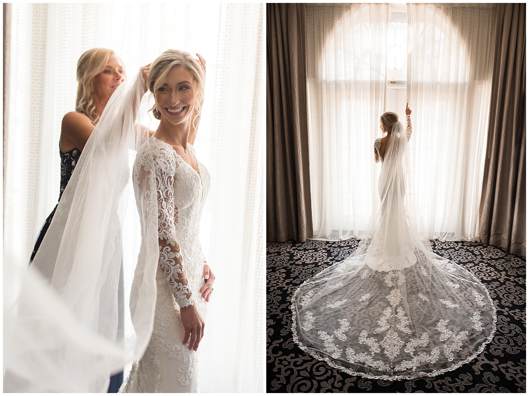 mom putting veil into bride's hair bridal portrait window