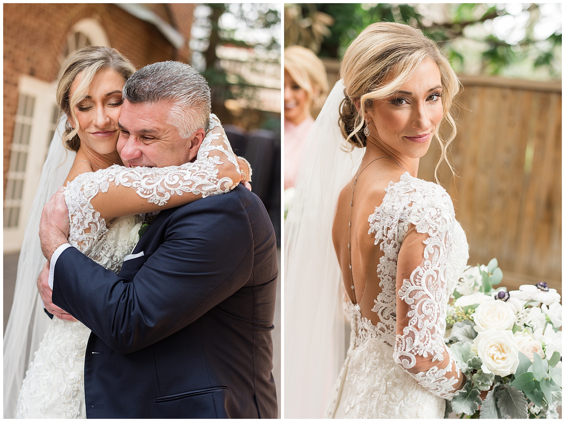 bride first look hugs dad