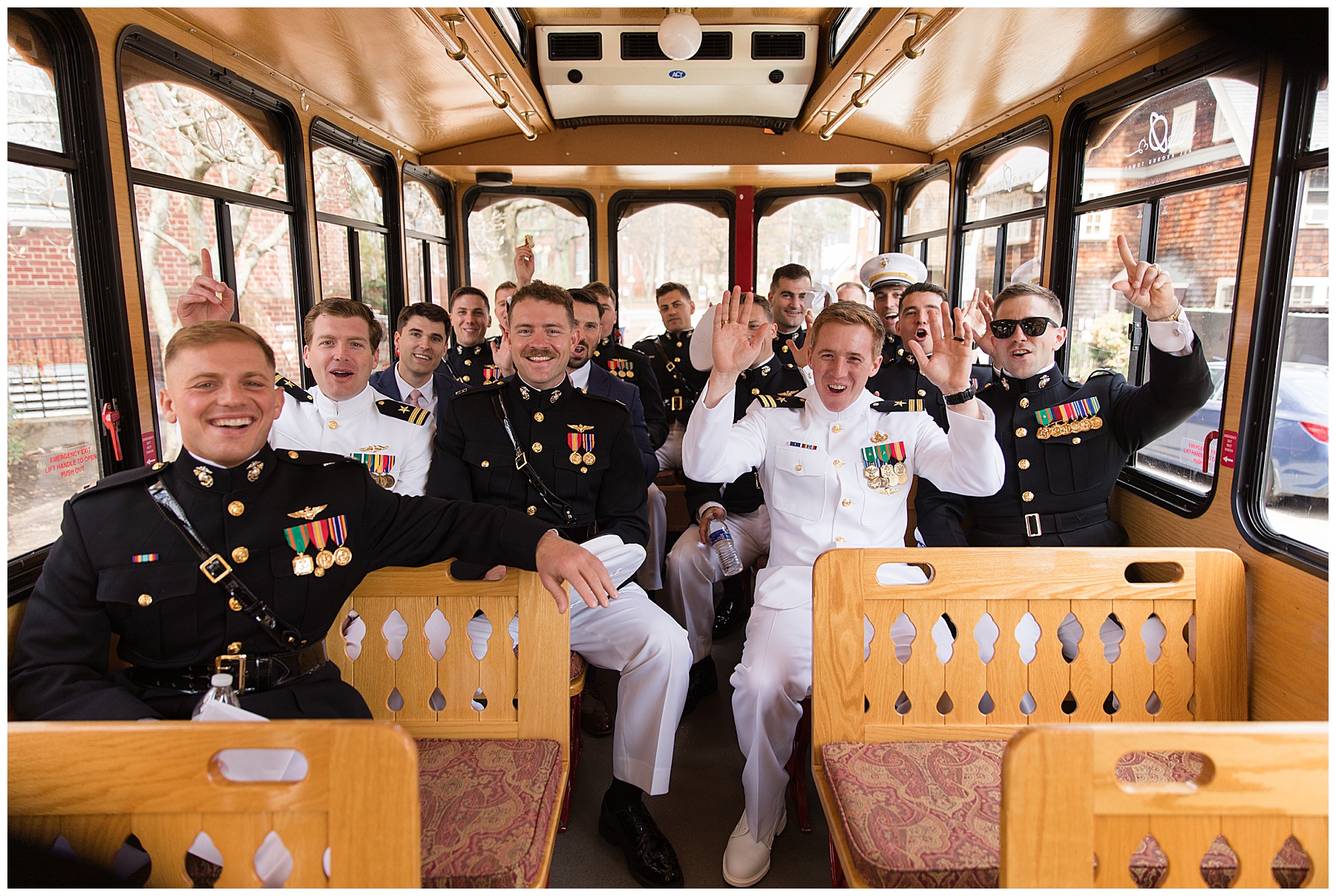 groom and groomsmen on annapolis trolley