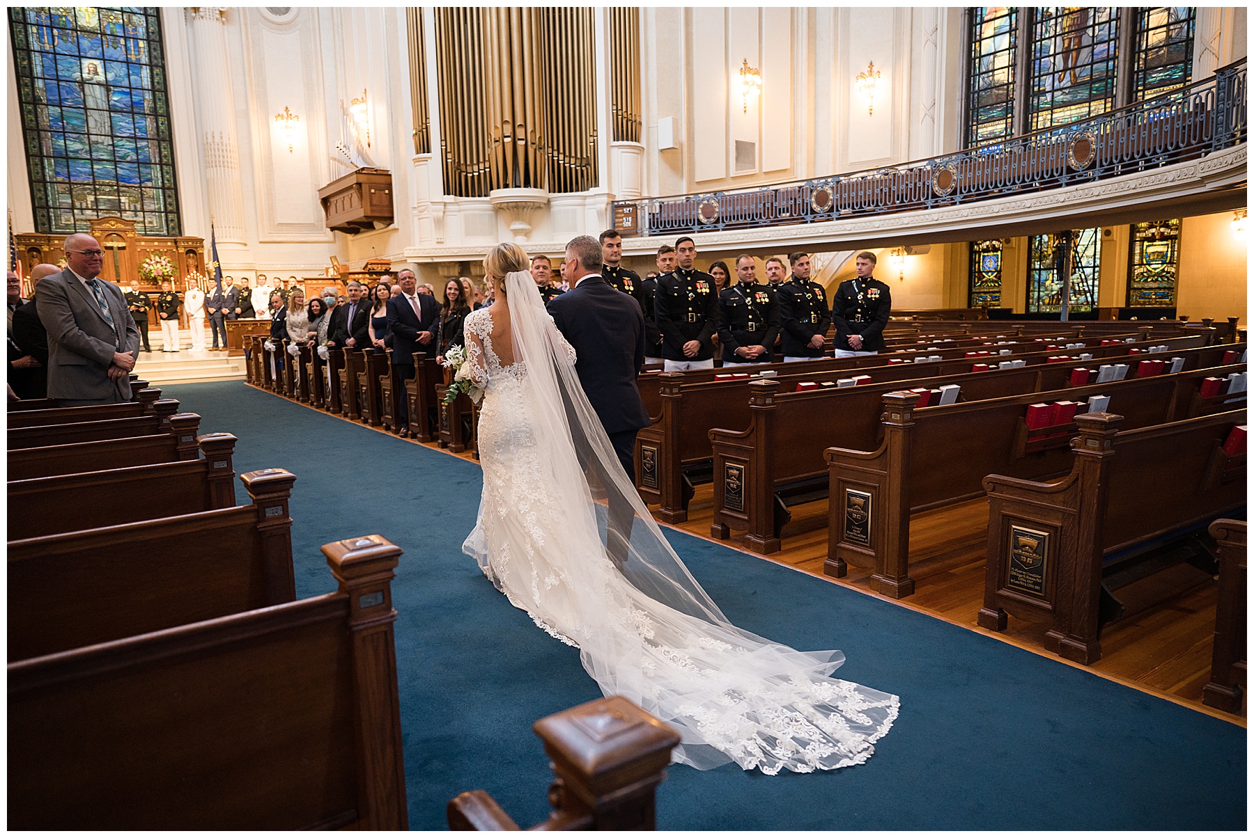 bride coming down aisle with dad usna chapel