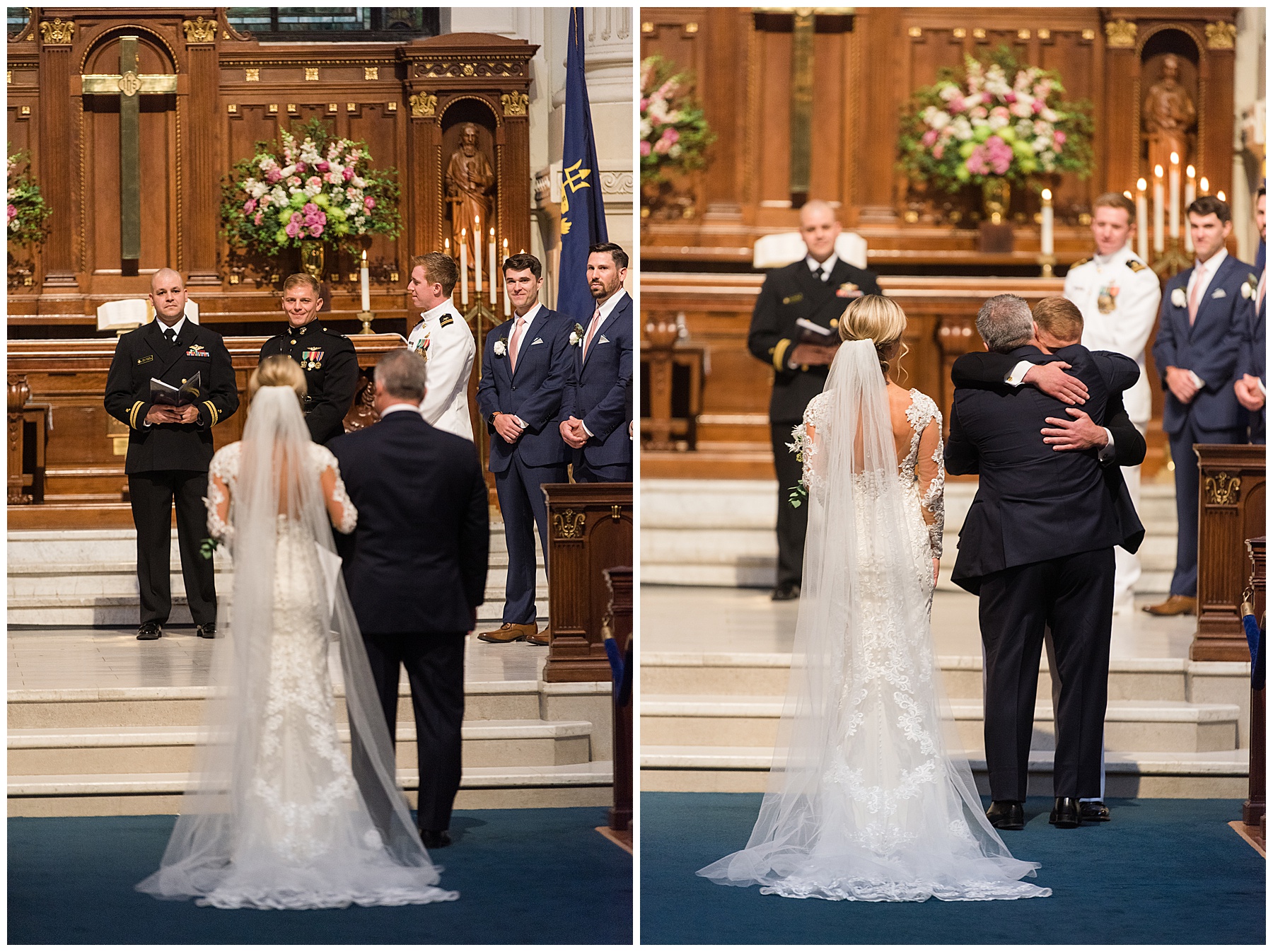 bride coming down aisle with dad usna chapel dad hugging groom