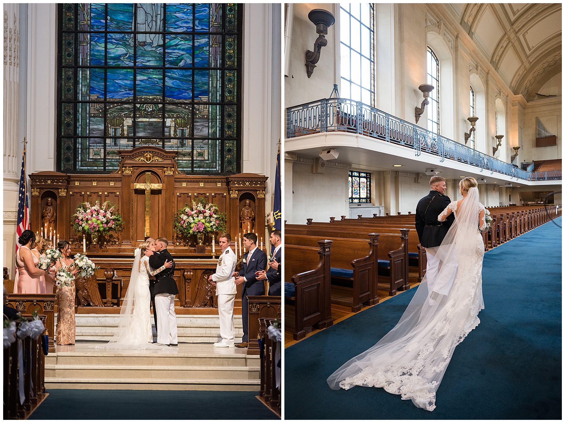 wedding ceremony at usna chapel first kiss recess