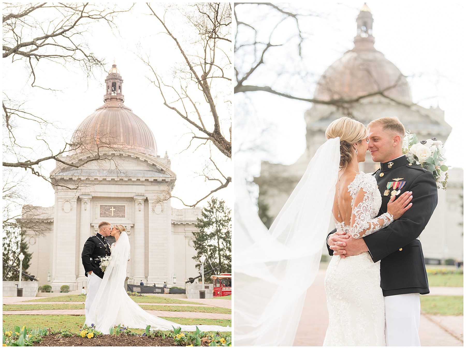 couple portrait at us naval academy chapel background