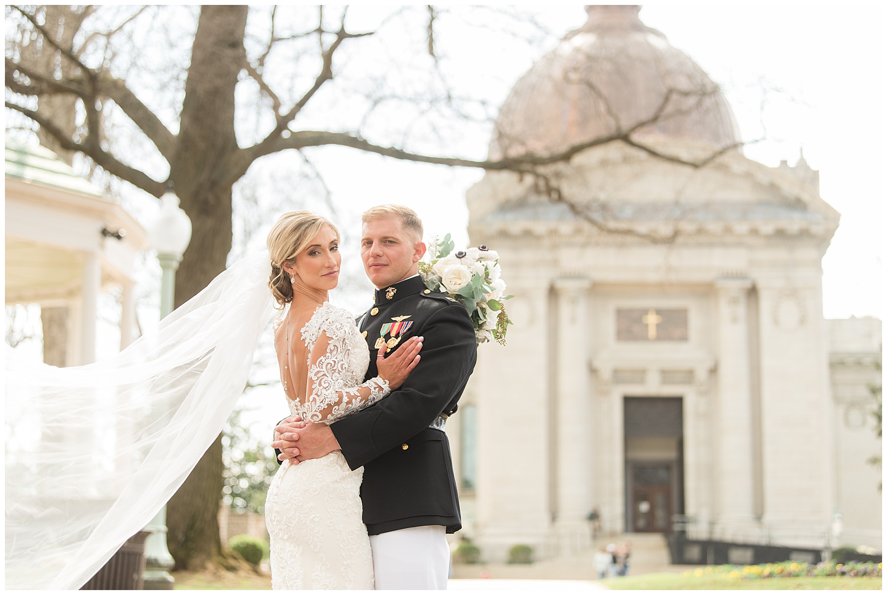 couple portrait at us naval academy chapel background