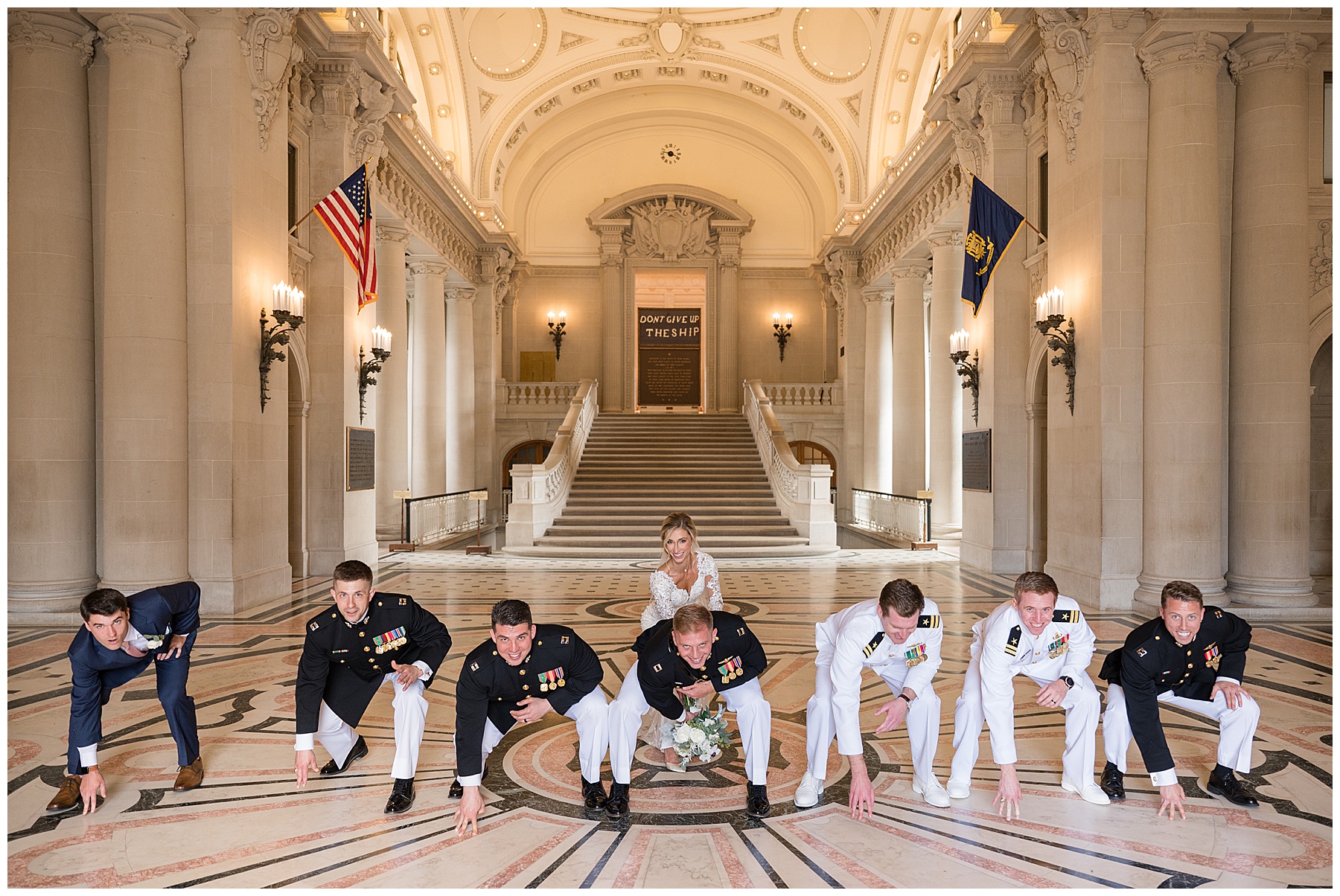 wedding party inside bancroft hall bride hike football groomsmen