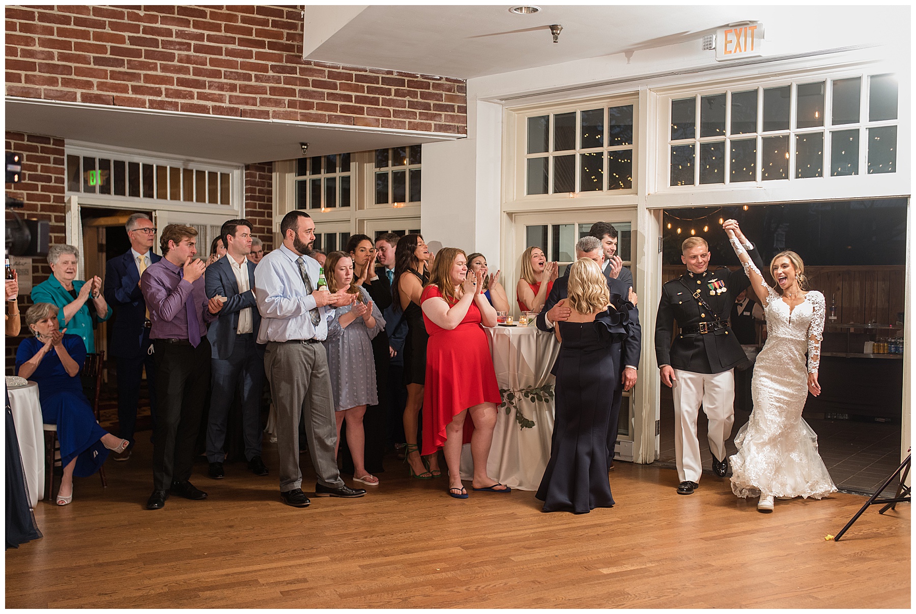 bride and groom enter wedding reception first dance