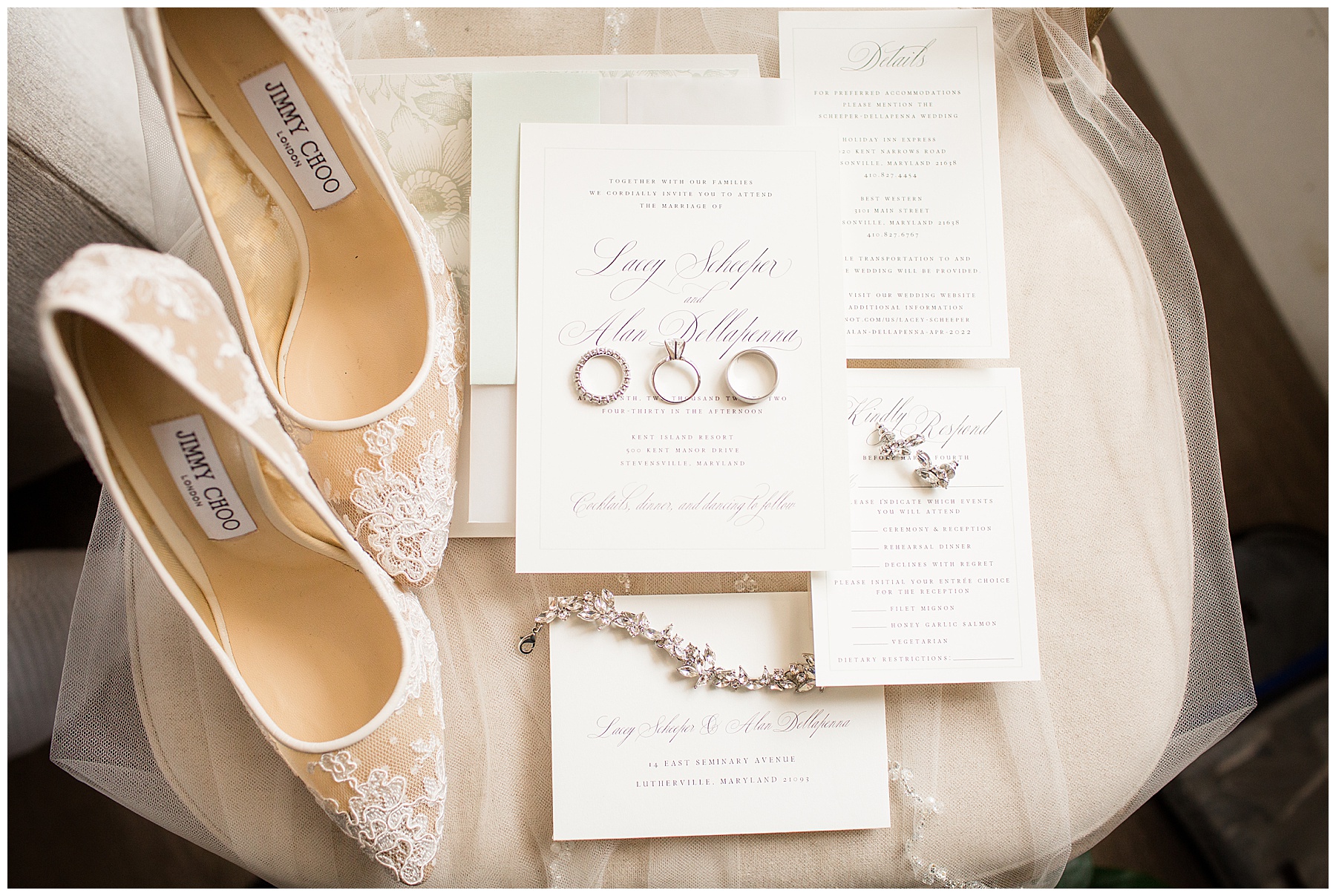 flat lay with invitation bridal shoes wedding rings