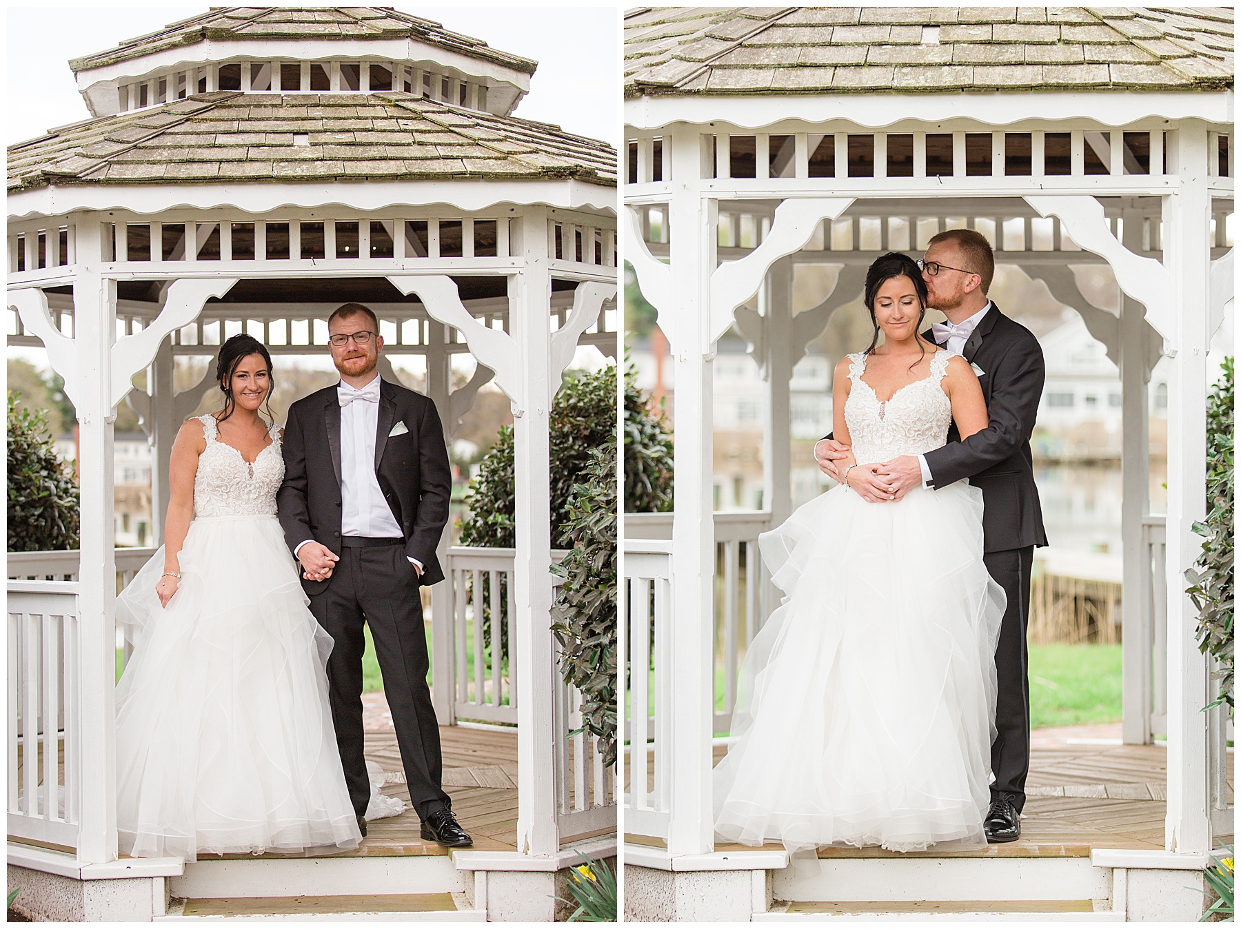 bride and groom embrace in gazebo