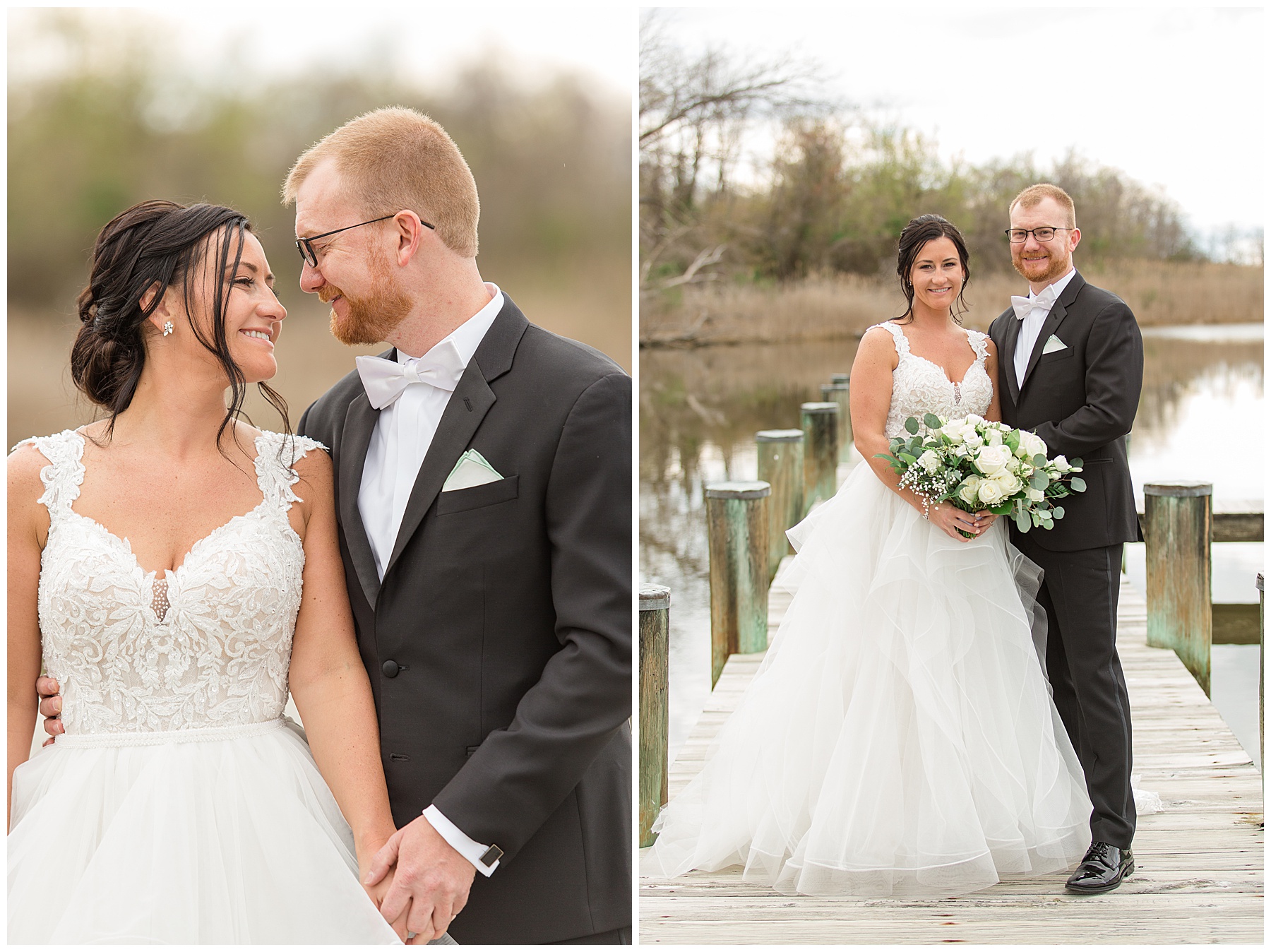 bride and groom embrace on kent island pier