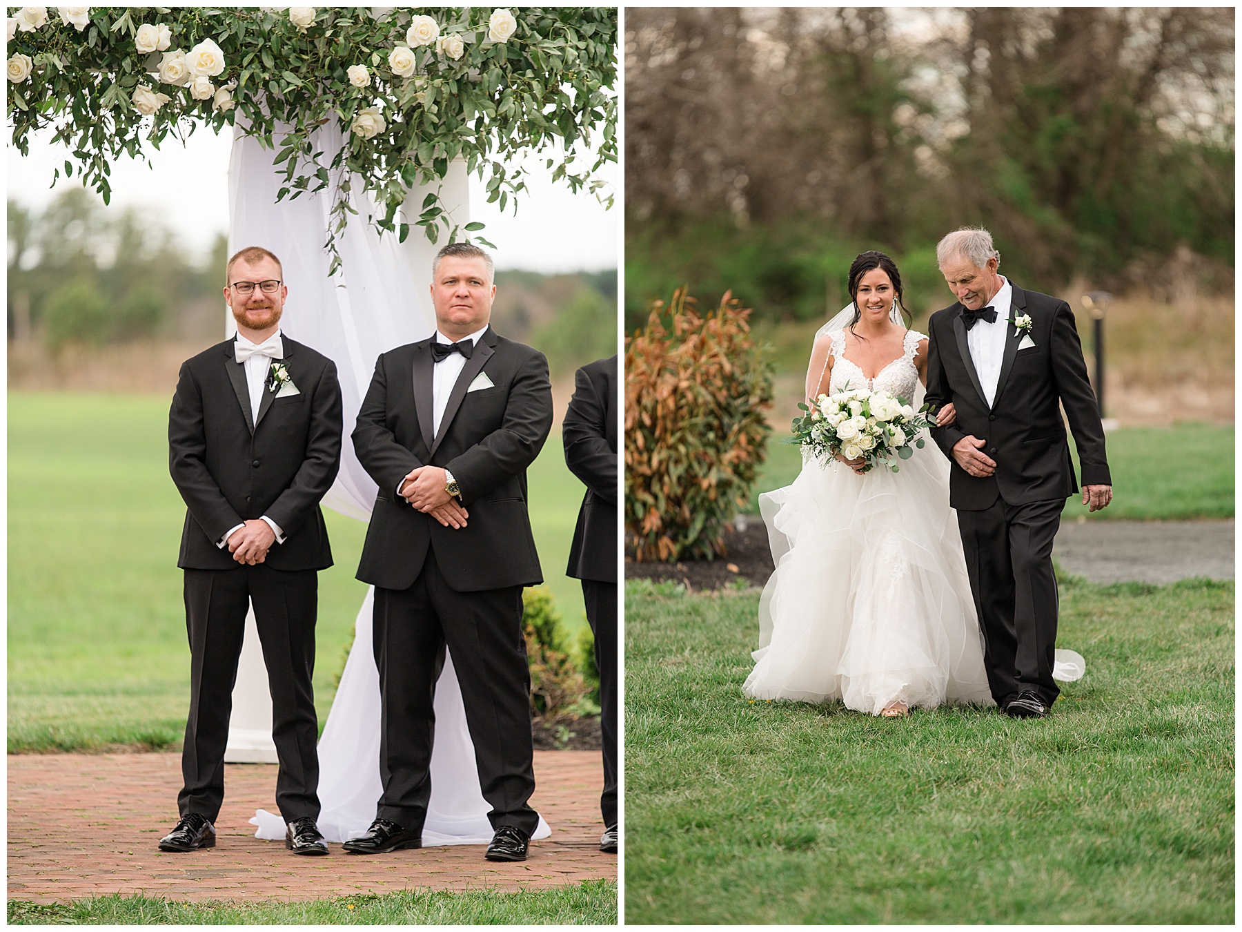 bride entering ceremony with father groom looking on