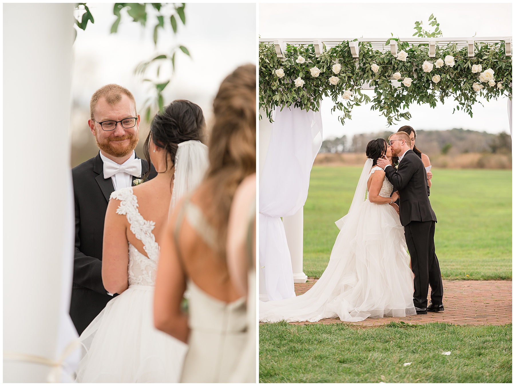 wedding ceremony groom looking at bride first kiss