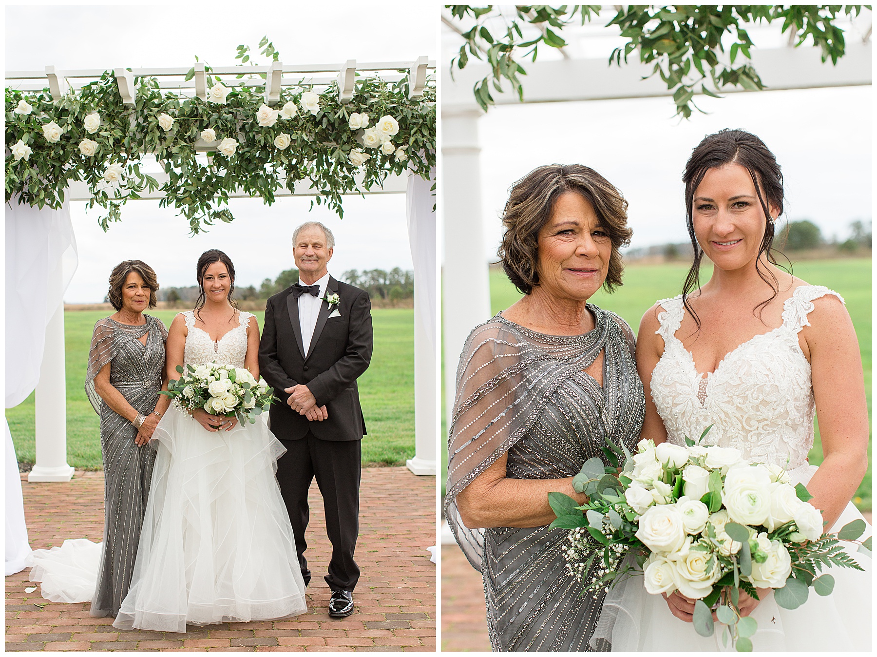 bride with parents under arbor